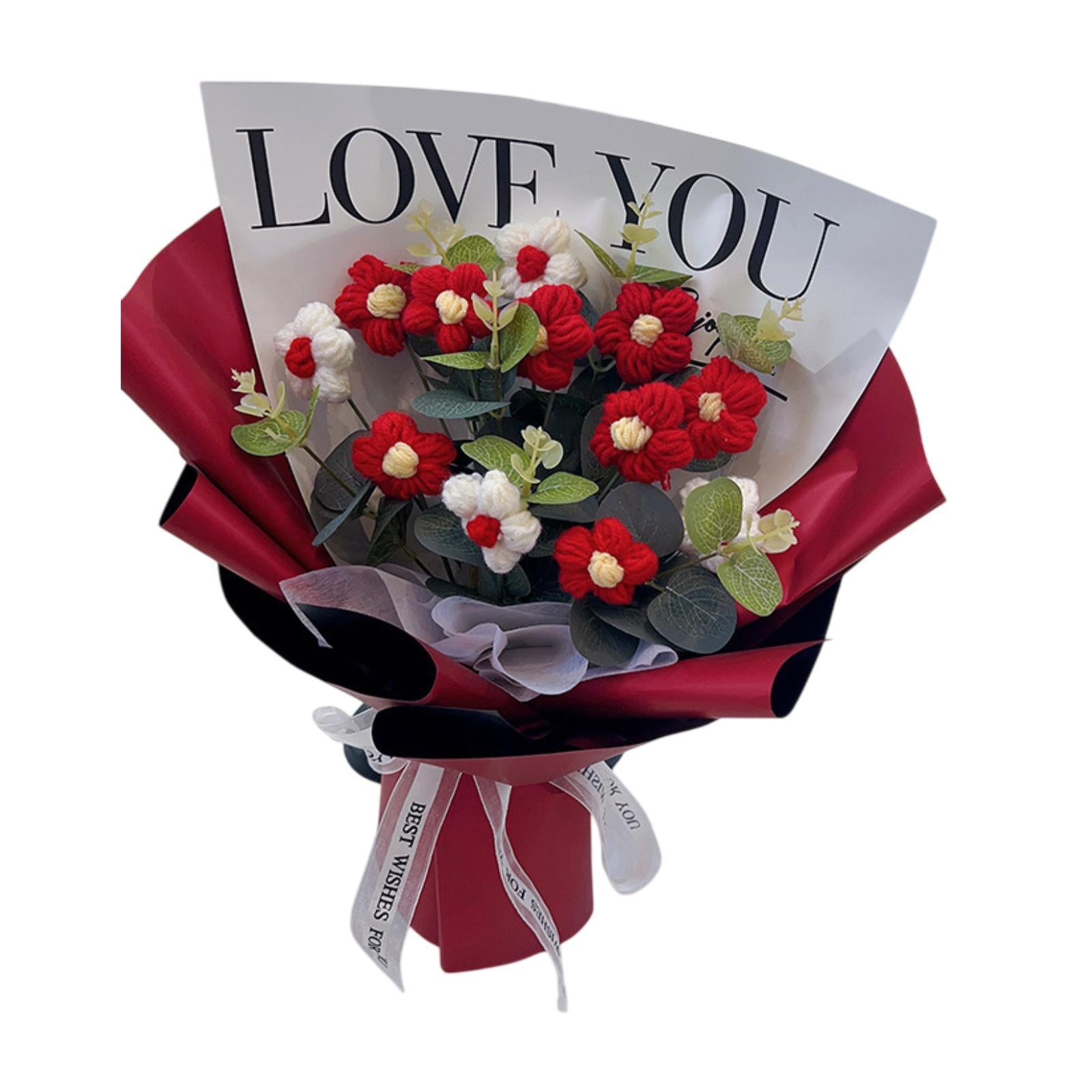 Crochet Flower Holiday Knitting Flower Bouquet for Birthday Thanksgiving Day Red
