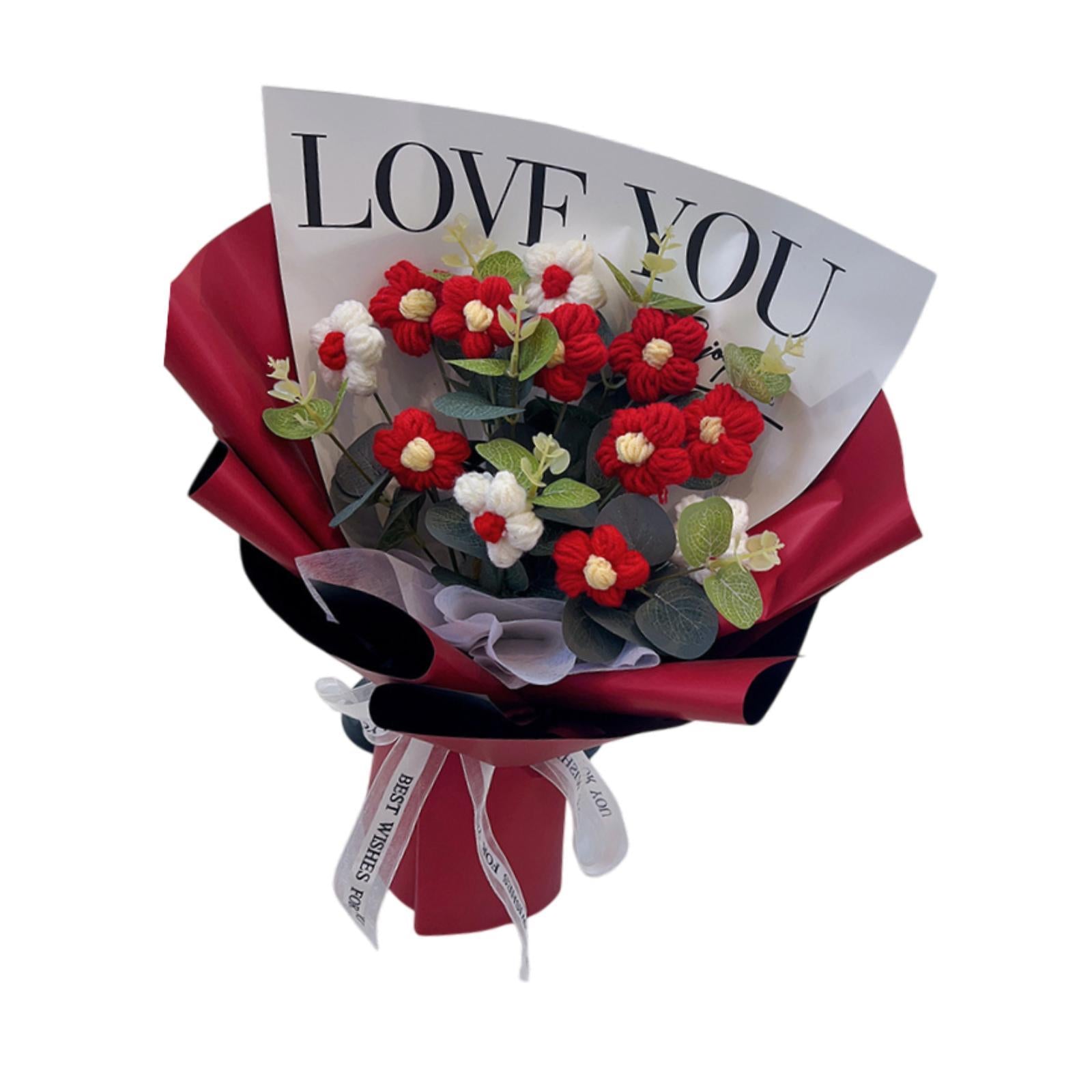 Crochet Flower Holiday Knitting Flower Bouquet for Birthday Thanksgiving Day Red