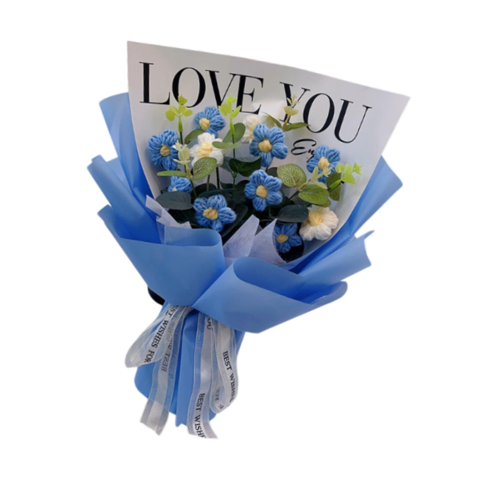 Crochet Flower Holiday Knitting Flower Bouquet for Birthday Thanksgiving Day Blue