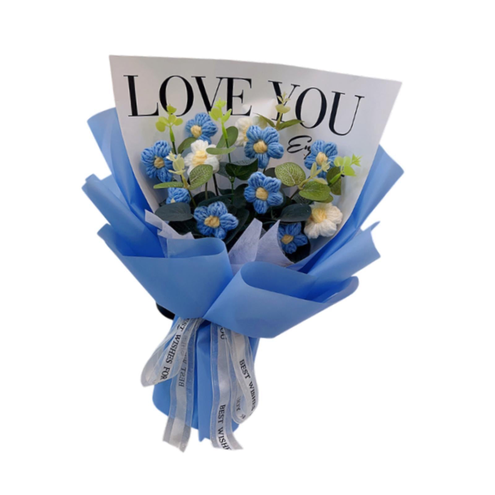 Crochet Flower Holiday Knitting Flower Bouquet for Birthday Thanksgiving Day Blue