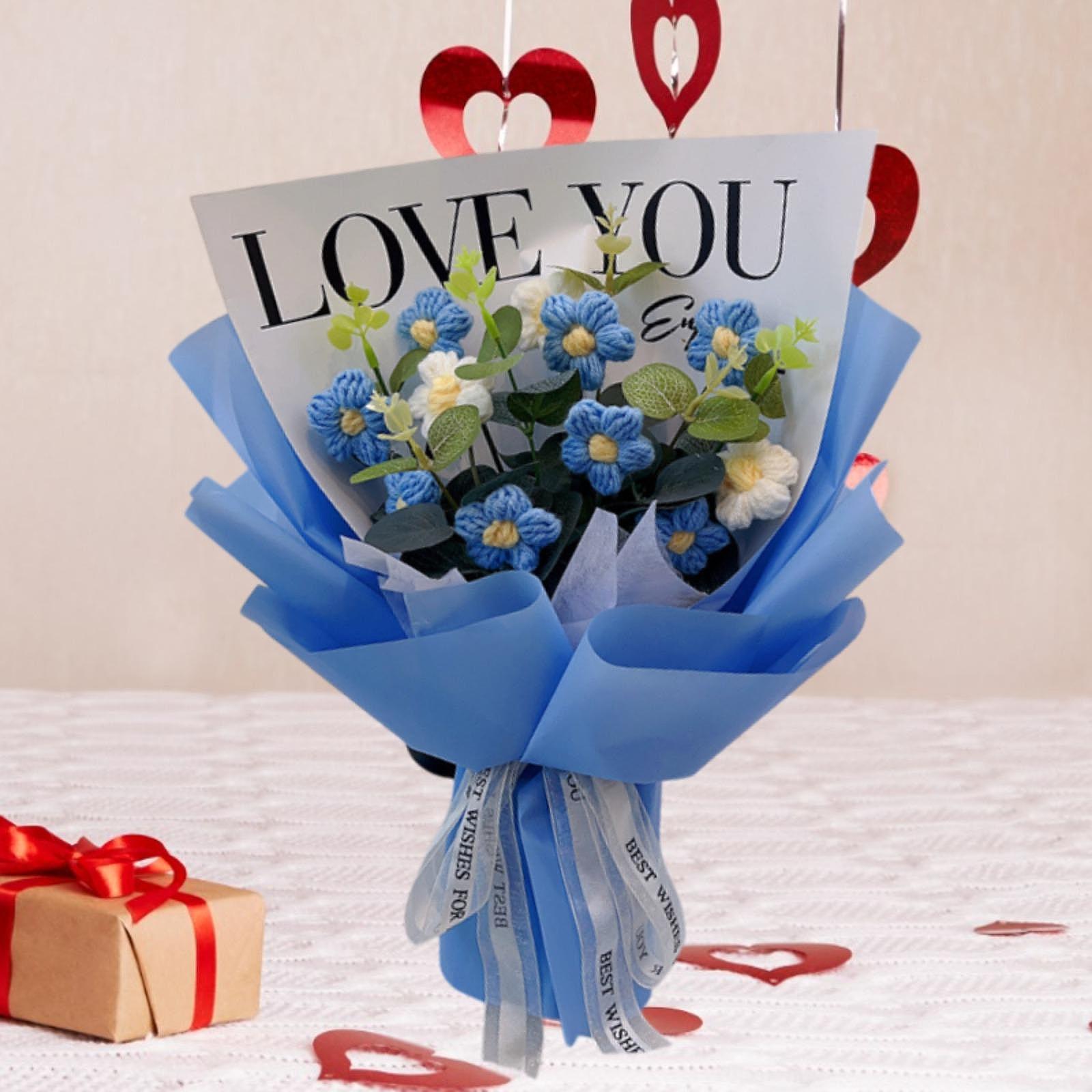 Crochet Flower Holiday Knitting Flower Bouquet for Birthday Thanksgiving Day Blue