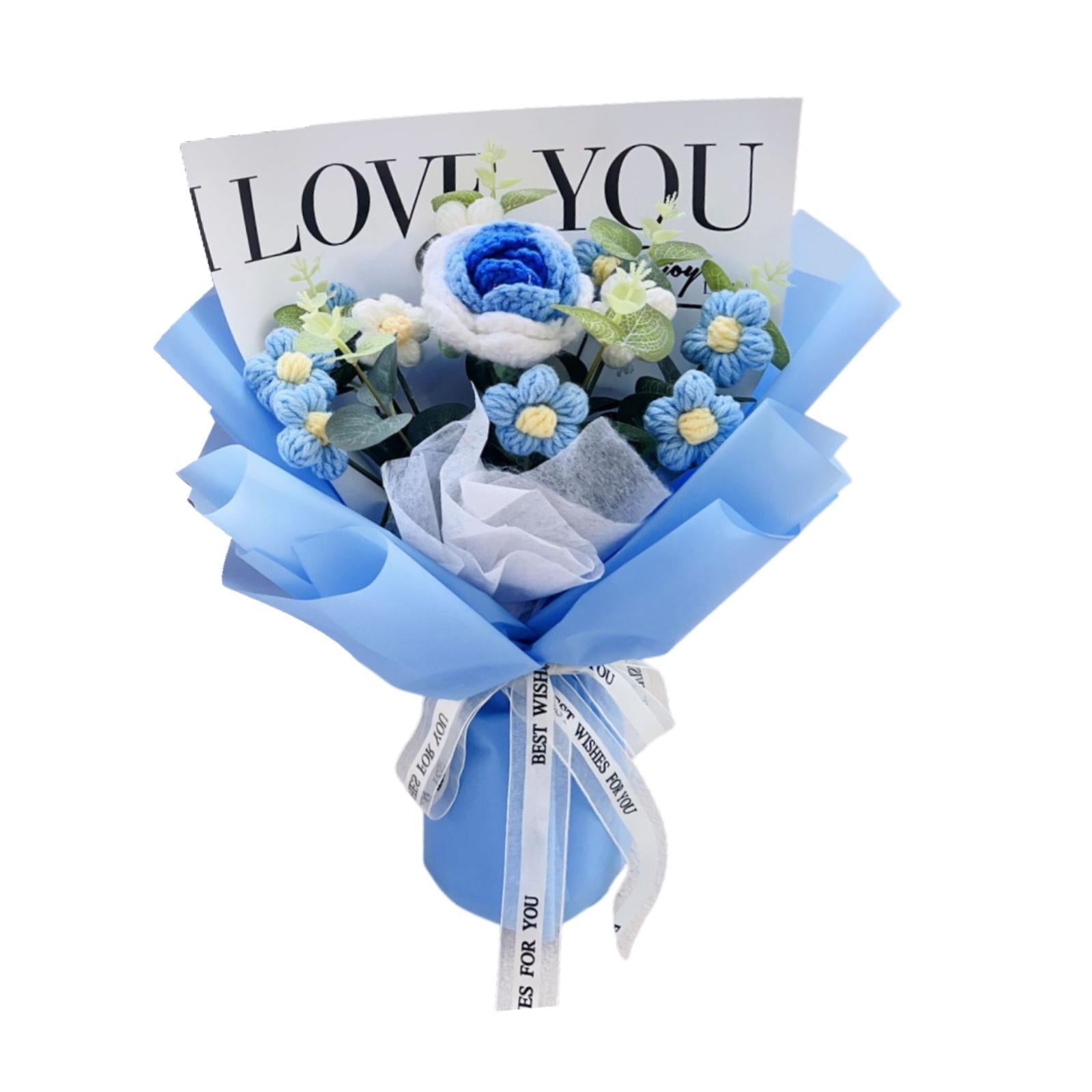 Crochet Flower Holiday Knitting Flower Bouquet for Birthday Thanksgiving Day Blue Rose