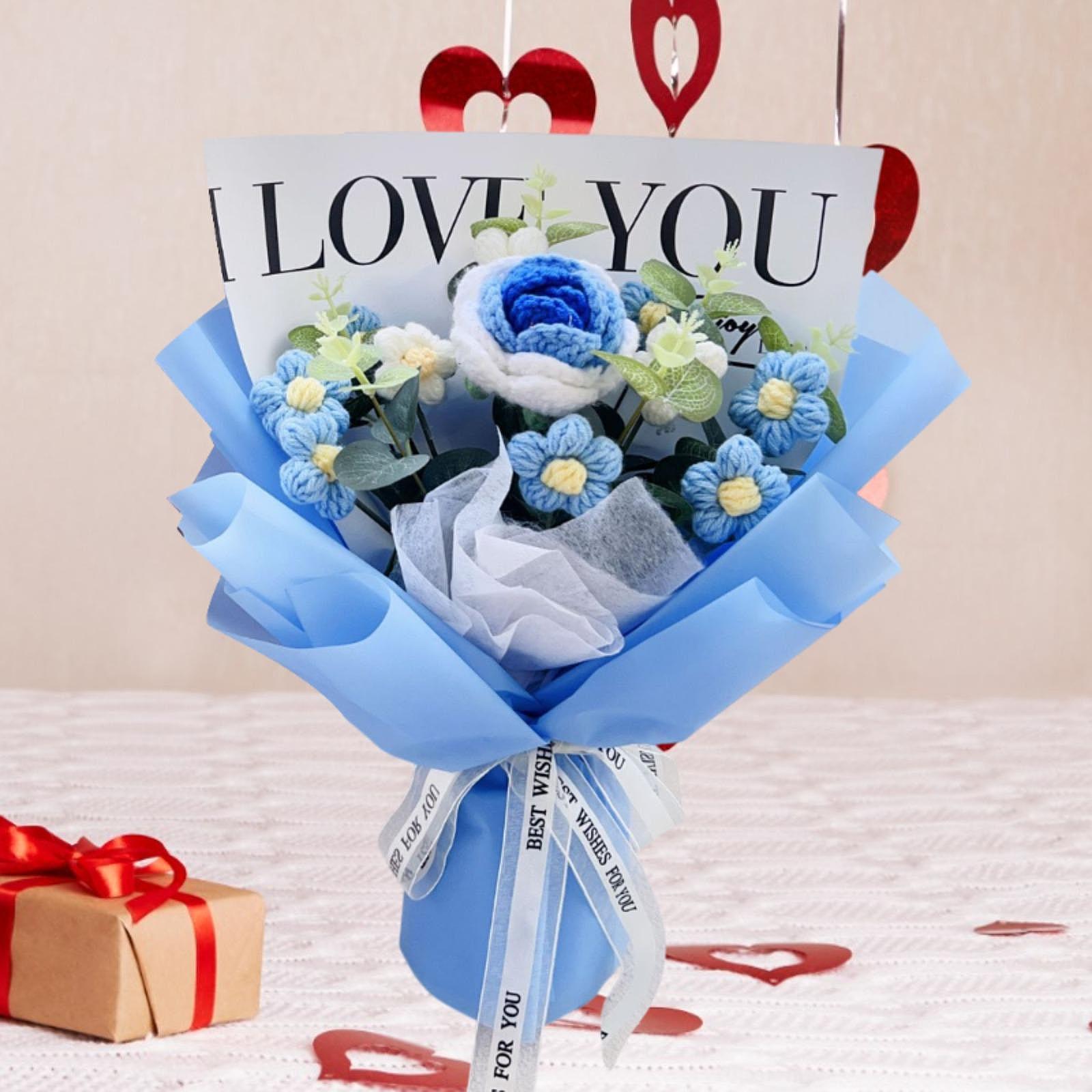 Crochet Flower Holiday Knitting Flower Bouquet for Birthday Thanksgiving Day Blue Rose