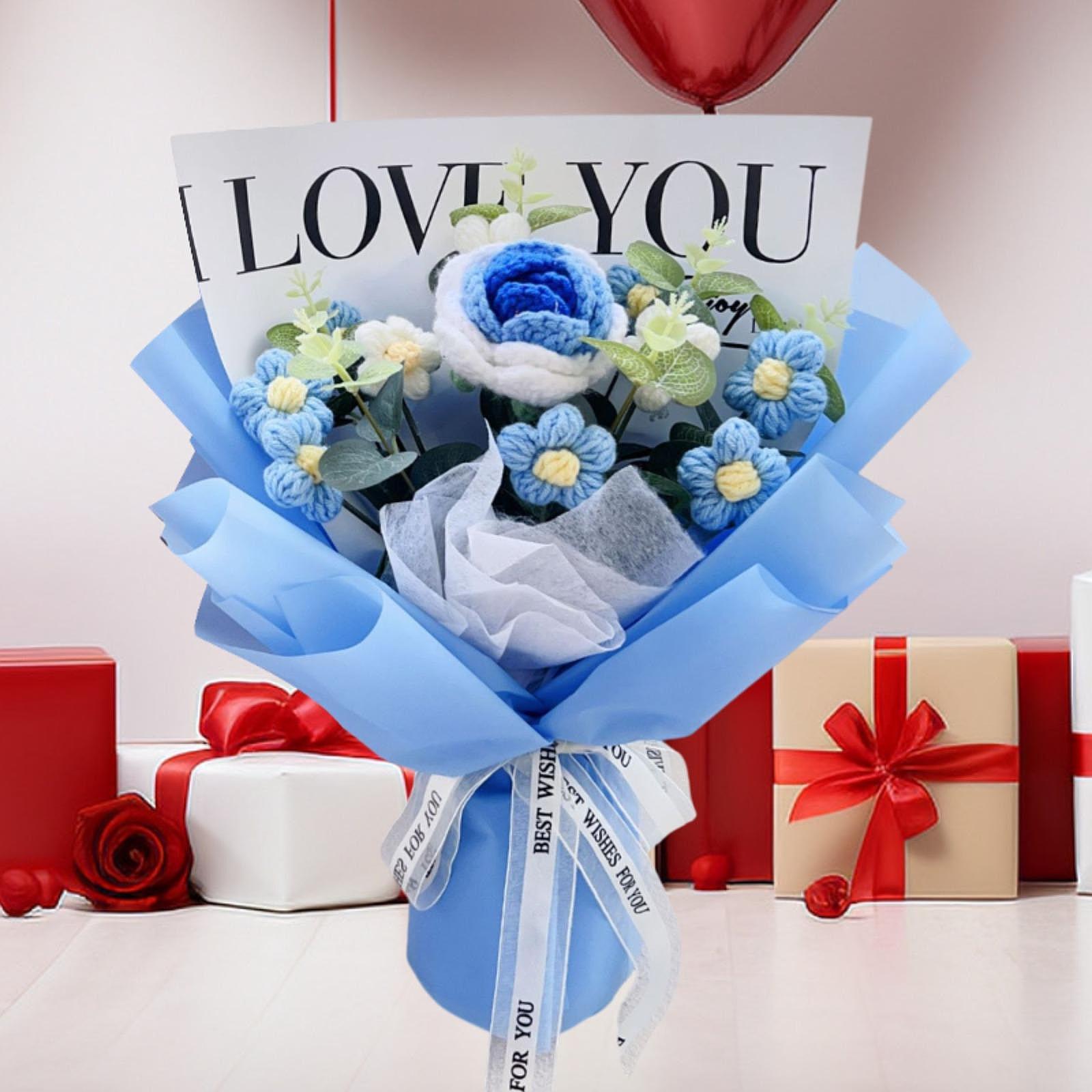 Crochet Flower Holiday Knitting Flower Bouquet for Birthday Thanksgiving Day Blue Rose