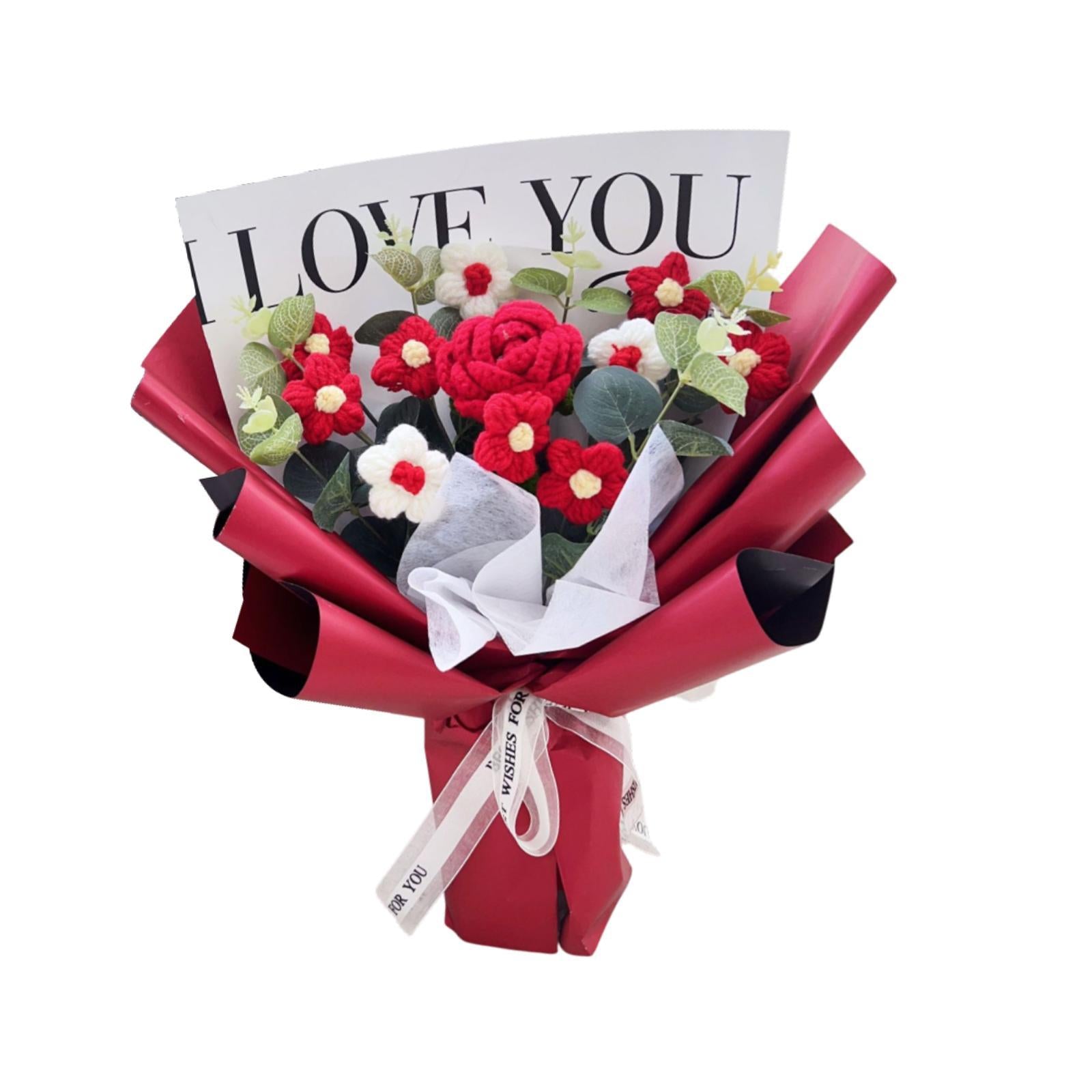 Crochet Flower Holiday Knitting Flower Bouquet for Birthday Thanksgiving Day Red Rose
