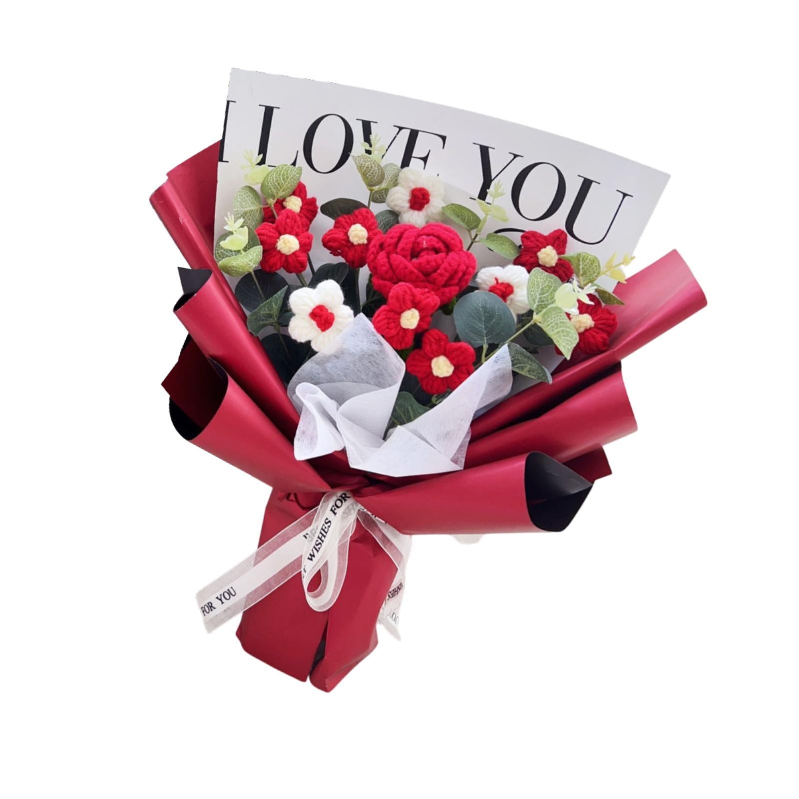 Crochet Flower Holiday Knitting Flower Bouquet for Birthday Thanksgiving Day Red Rose