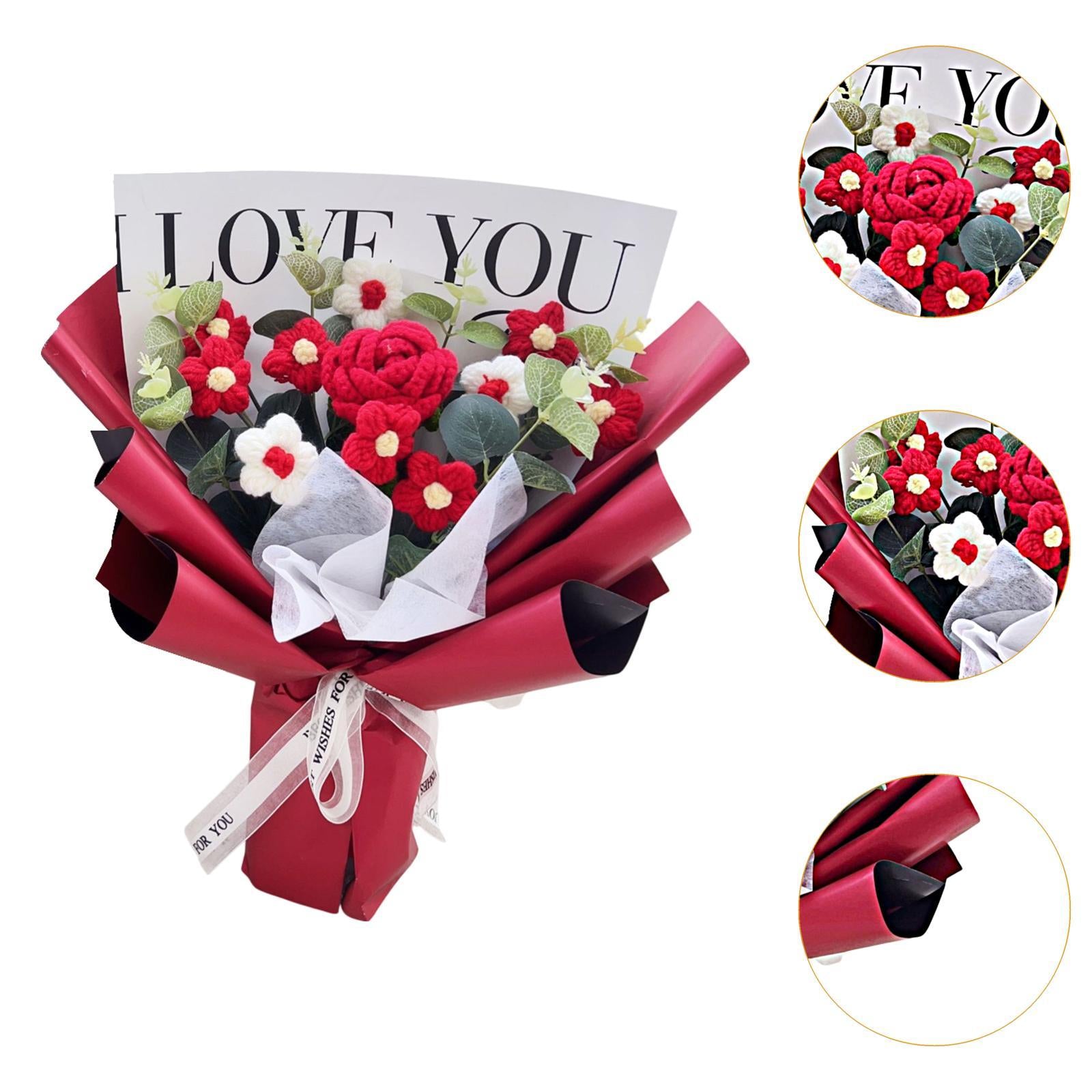 Crochet Flower Holiday Knitting Flower Bouquet for Birthday Thanksgiving Day Red Rose