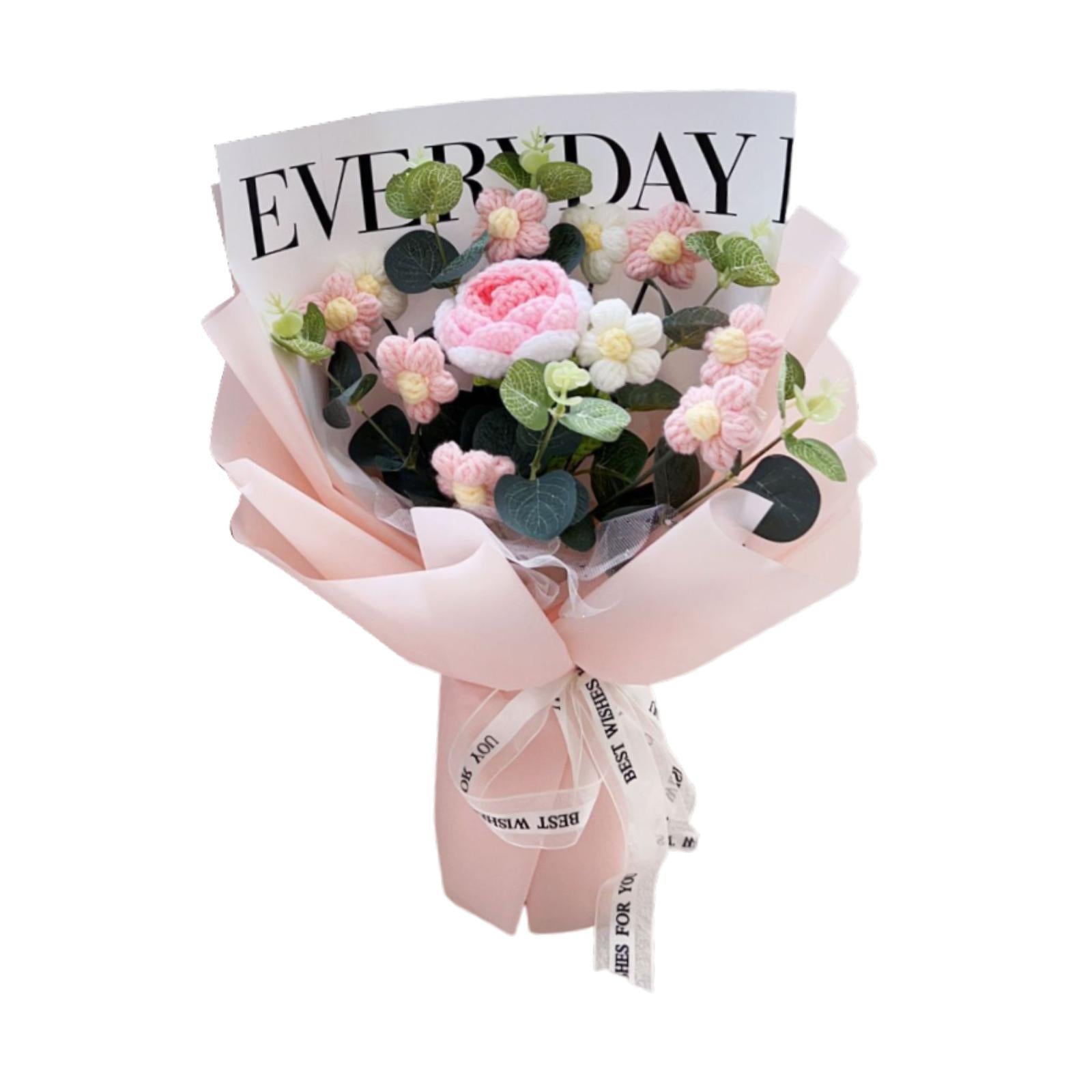 Crochet Flower Holiday Knitting Flower Bouquet for Birthday Thanksgiving Day Pink Rose
