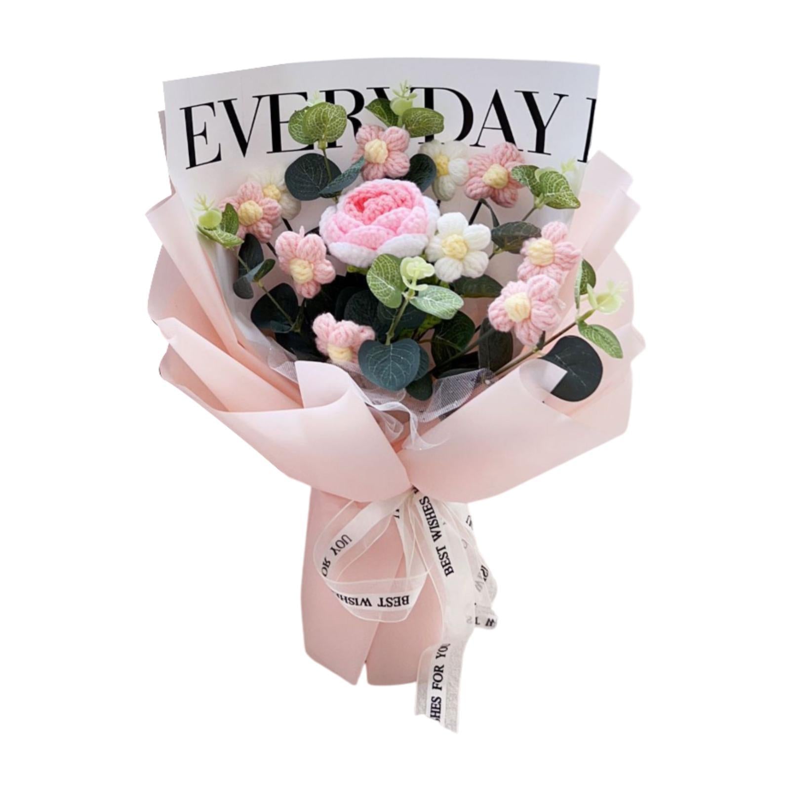 Crochet Flower Holiday Knitting Flower Bouquet for Birthday Thanksgiving Day Pink Rose