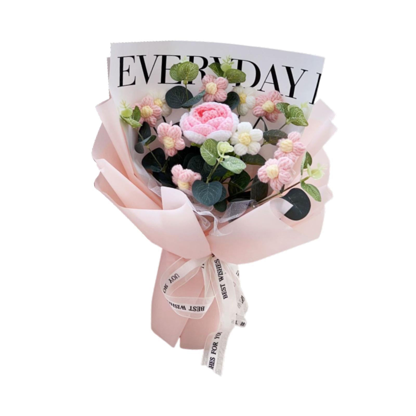 Crochet Flower Holiday Knitting Flower Bouquet for Birthday Thanksgiving Day Pink Rose