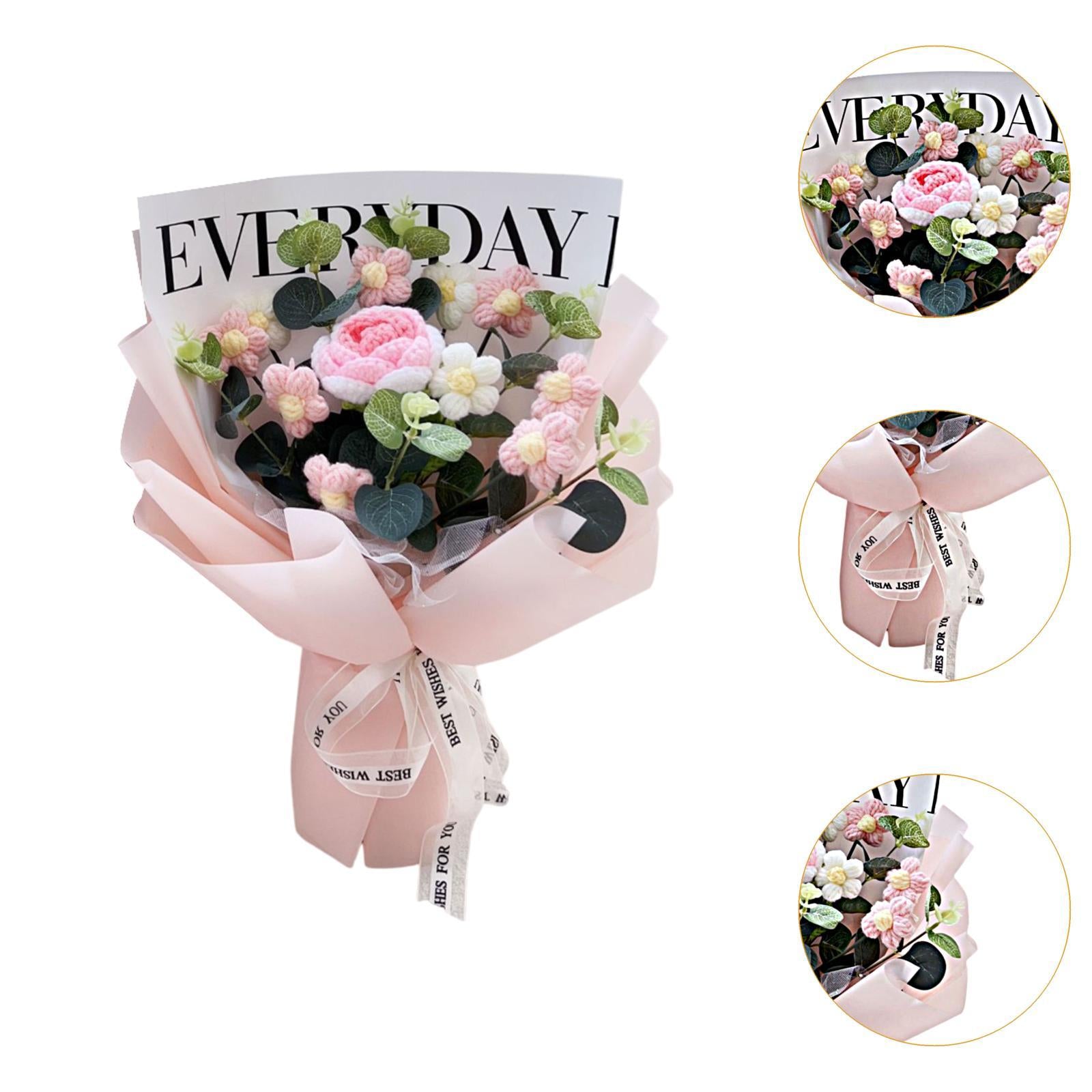 Crochet Flower Holiday Knitting Flower Bouquet for Birthday Thanksgiving Day Pink Rose