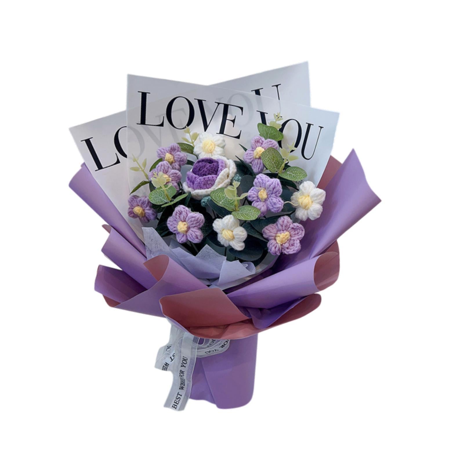 Crochet Flower Holiday Knitting Flower Bouquet for Birthday Thanksgiving Day Purple Rose