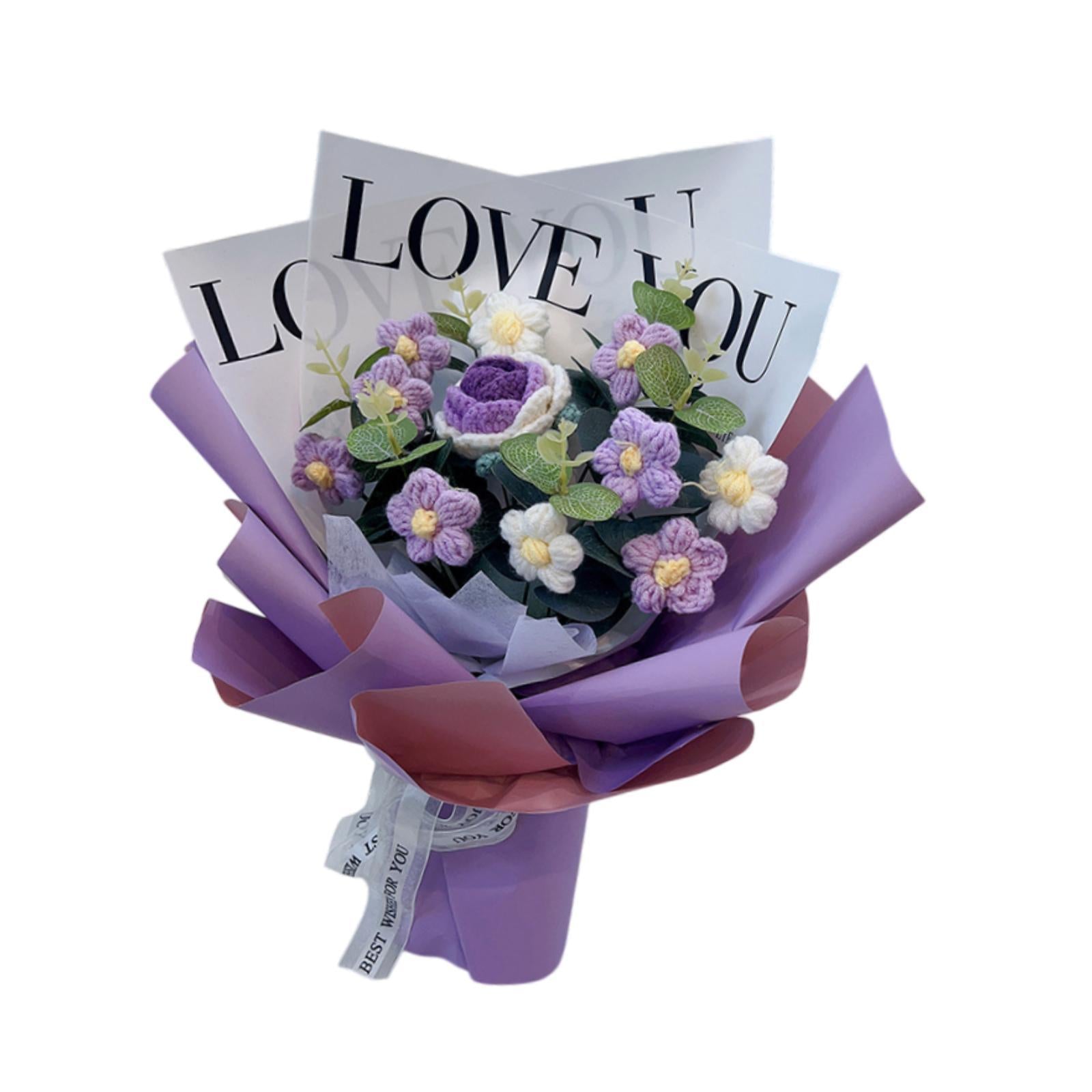 Crochet Flower Holiday Knitting Flower Bouquet for Birthday Thanksgiving Day Purple Rose