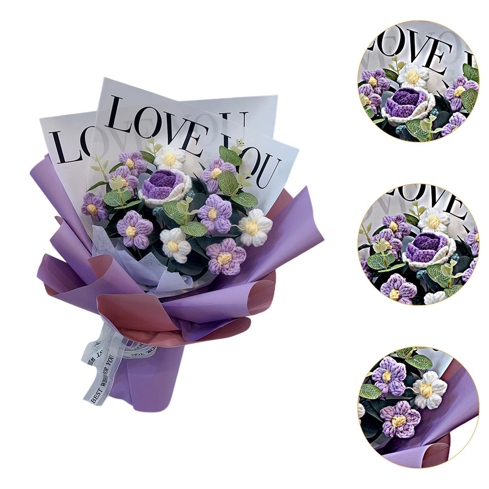 Crochet Flower Holiday Knitting Flower Bouquet for Birthday Thanksgiving Day Purple Rose