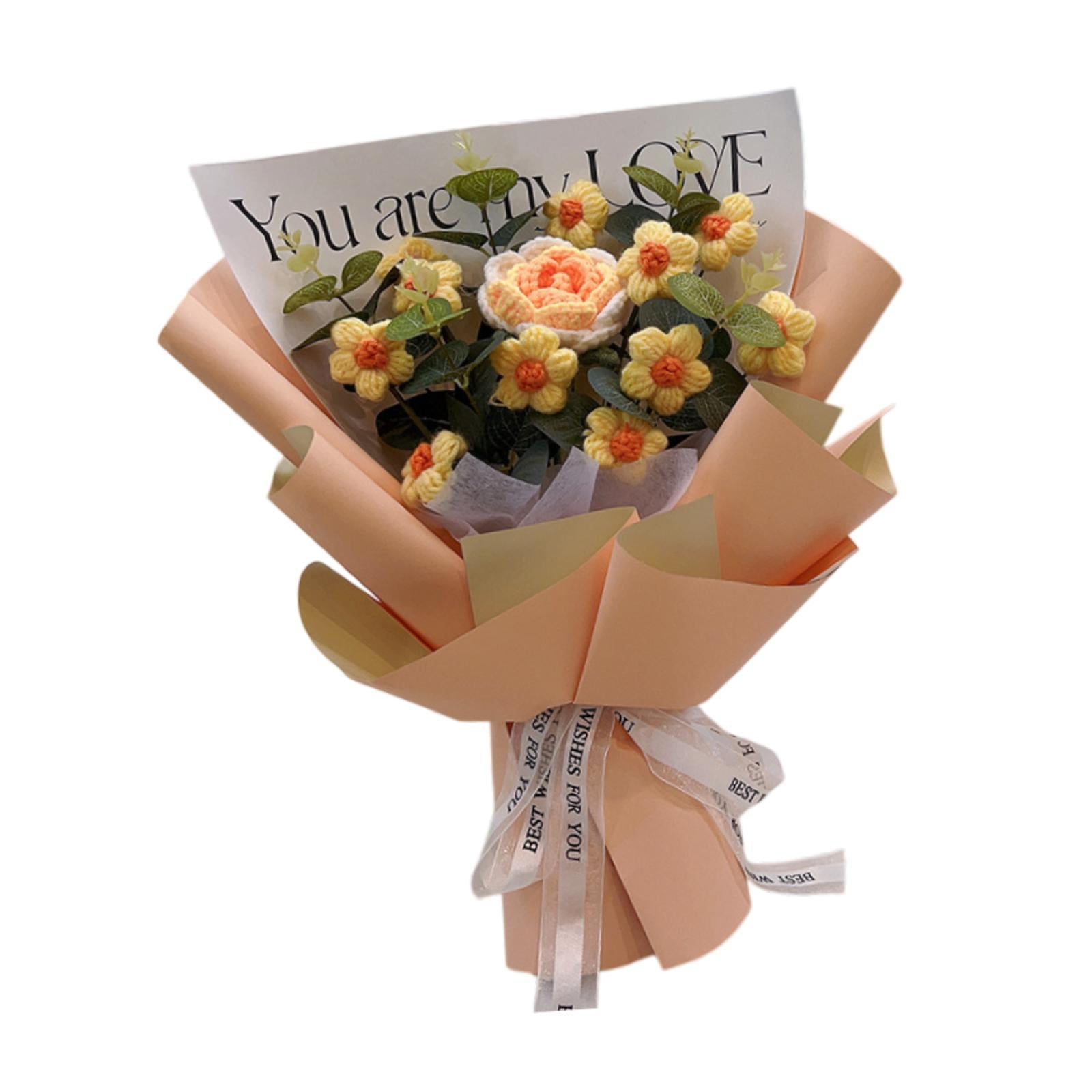 Crochet Flower Holiday Knitting Flower Bouquet for Birthday Thanksgiving Day Orange Rose