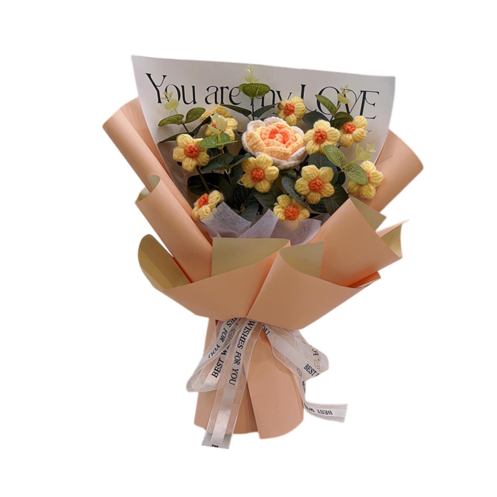 Crochet Flower Holiday Knitting Flower Bouquet for Birthday Thanksgiving Day Orange Rose