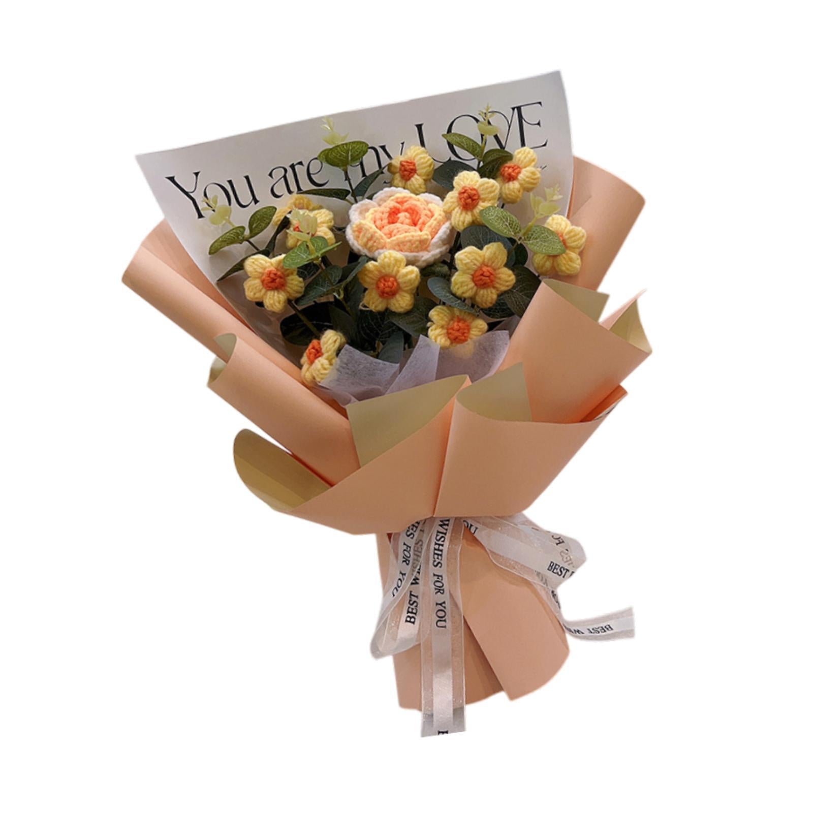 Crochet Flower Holiday Knitting Flower Bouquet for Birthday Thanksgiving Day Orange Rose