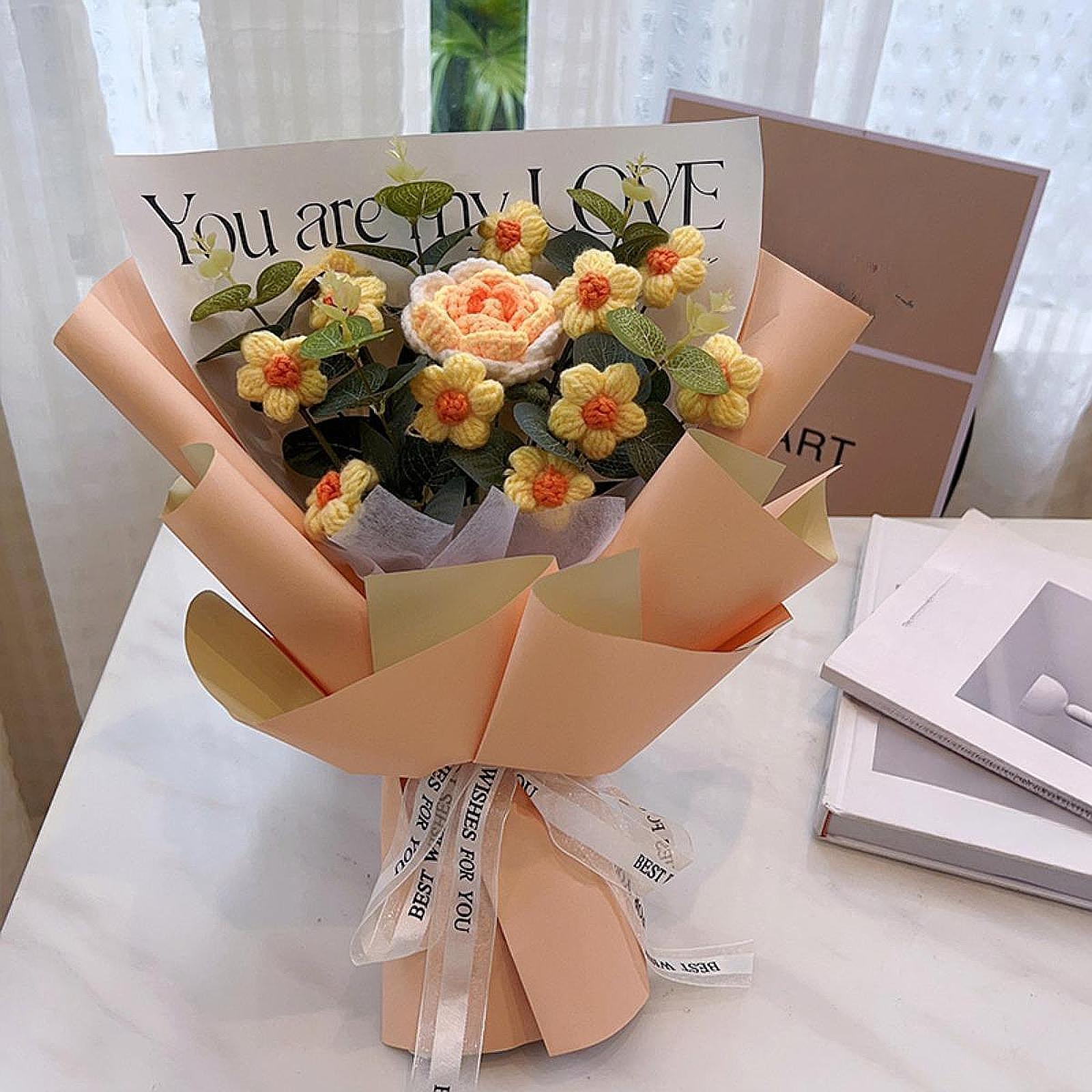 Crochet Flower Holiday Knitting Flower Bouquet for Birthday Thanksgiving Day Orange Rose