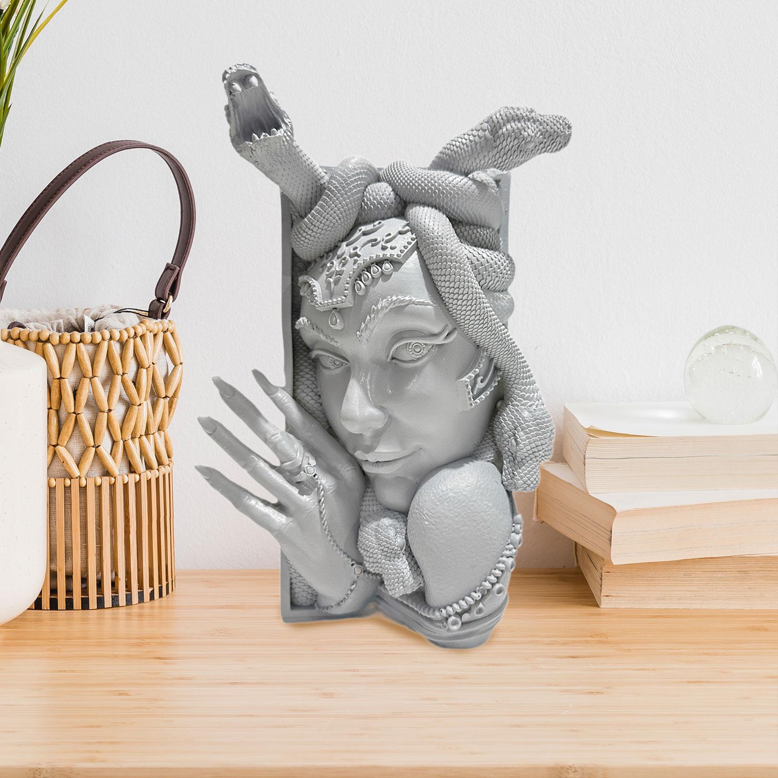 Snake Women Face Bookend Figurine Decorative Book Stopper for Cabinet Indoor Gray