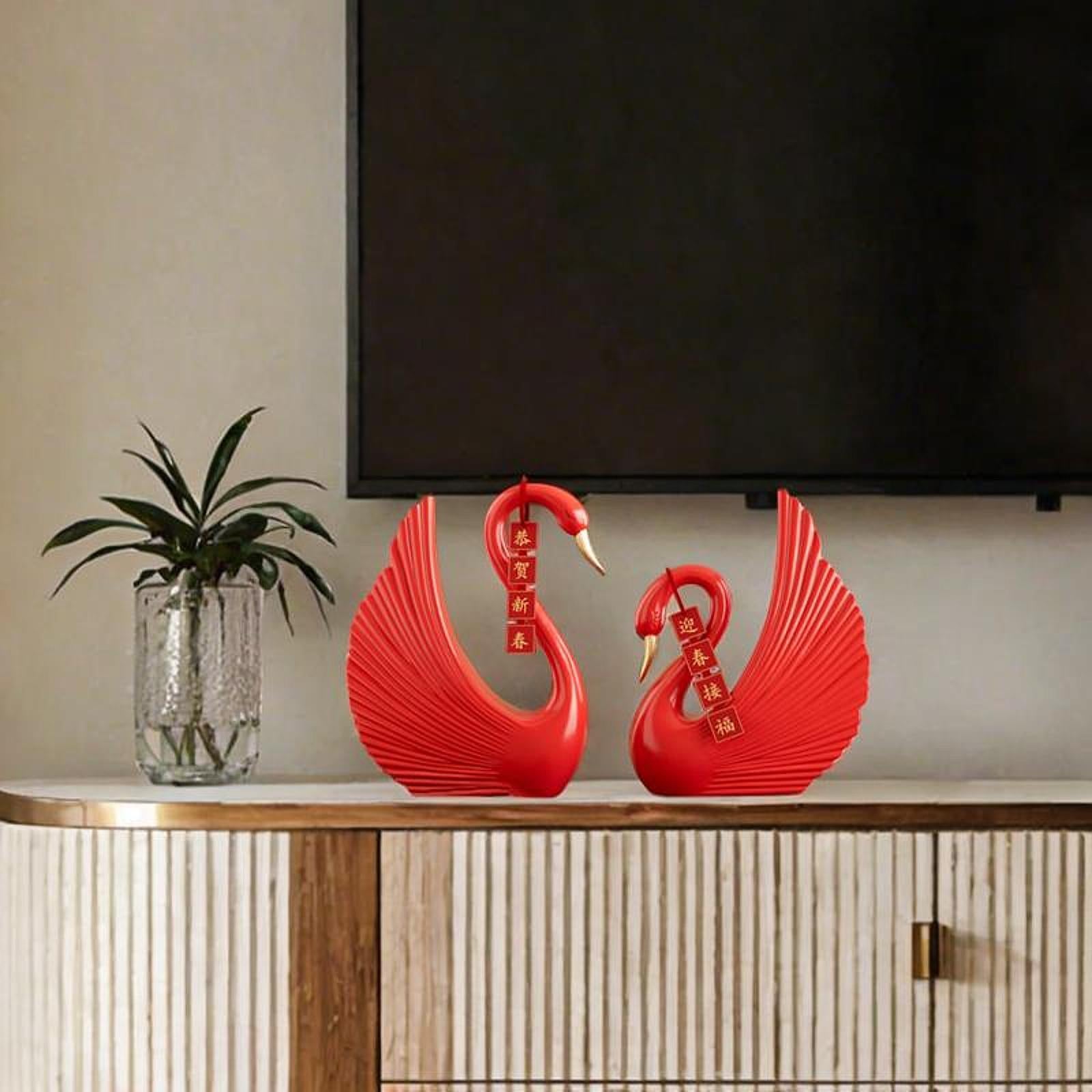 Swan Statue Decorative Crafts Realistic Figurine for Party Living Room Shelf Red