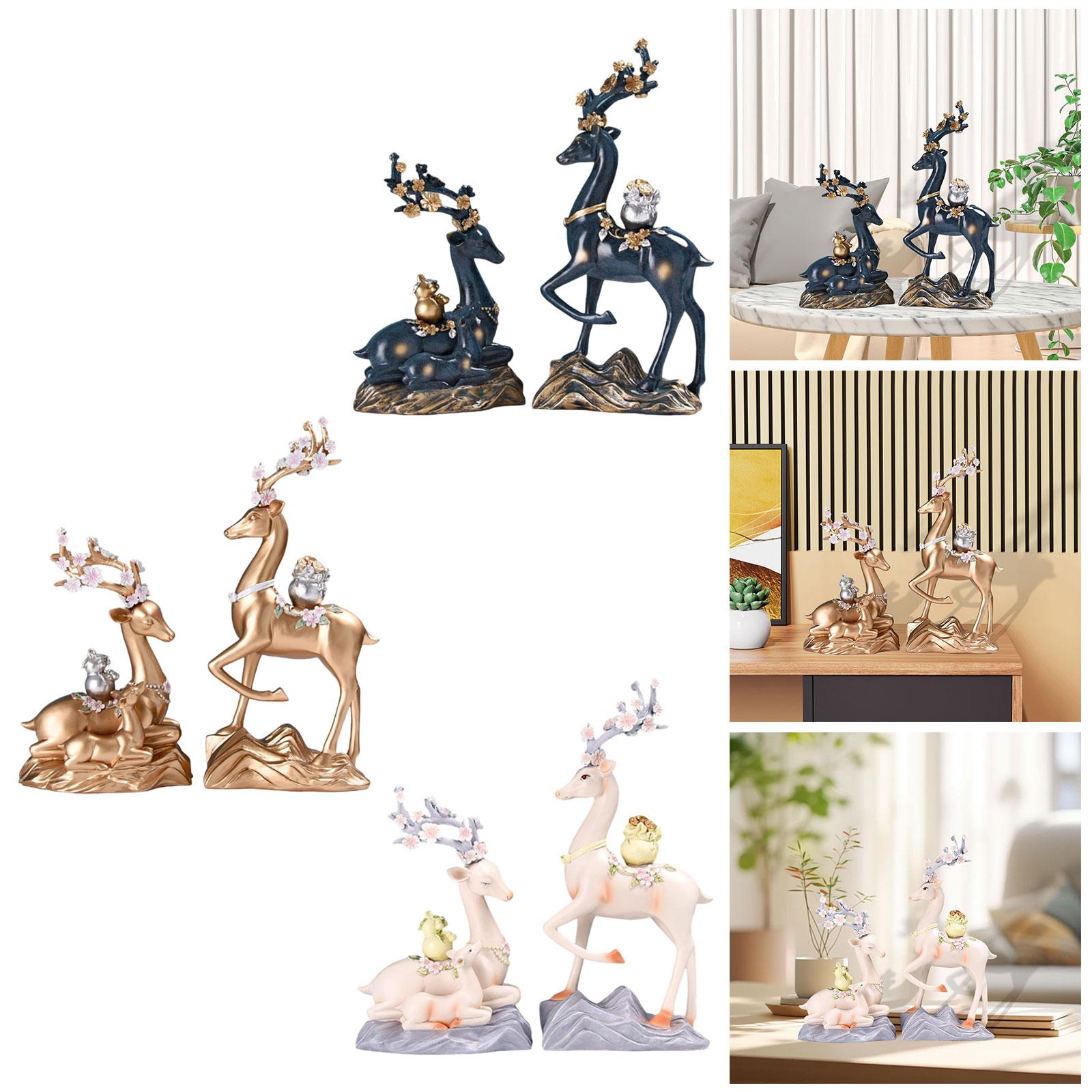 2x Elk Statues Figurines Family Decoration Artworks Fireplace Animal Figures Blue