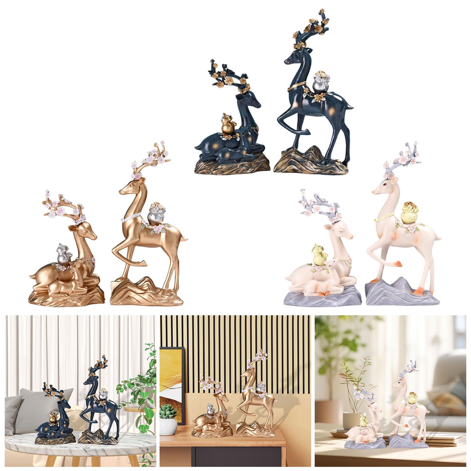 2x Elk Statues Figurines Family Decoration Artworks Fireplace Animal Figures Blue