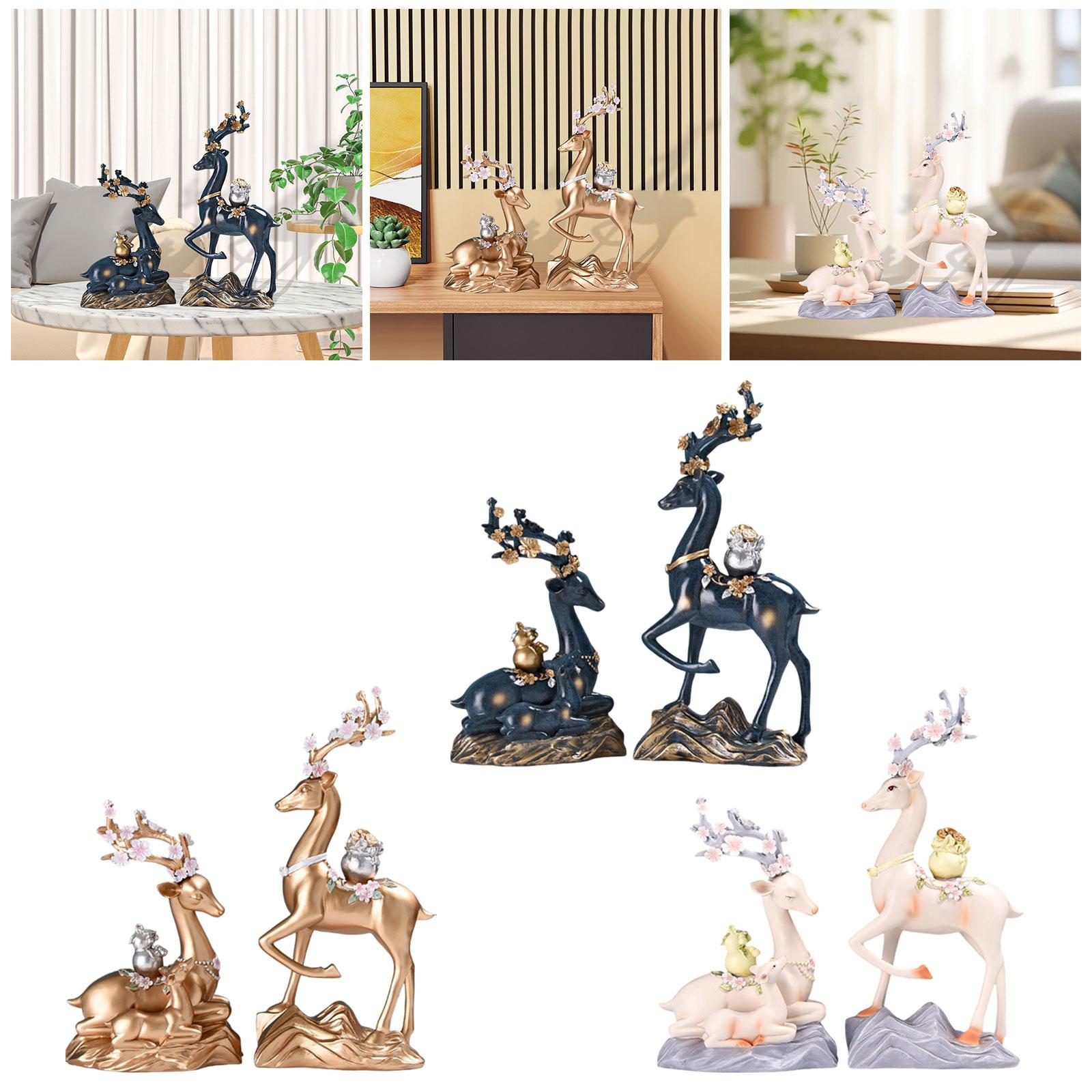 2x Elk Statues Figurines Family Decoration Artworks Fireplace Animal Figures Blue
