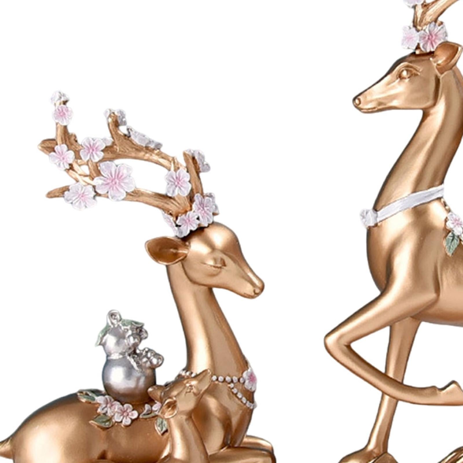 2x Elk Statues Figurines Family Decoration Artworks Fireplace Animal Figures Golden