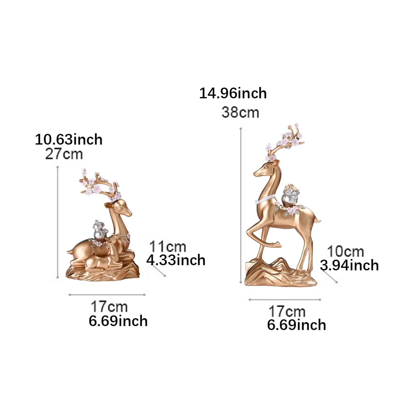 2x Elk Statues Figurines Family Decoration Artworks Fireplace Animal Figures Golden