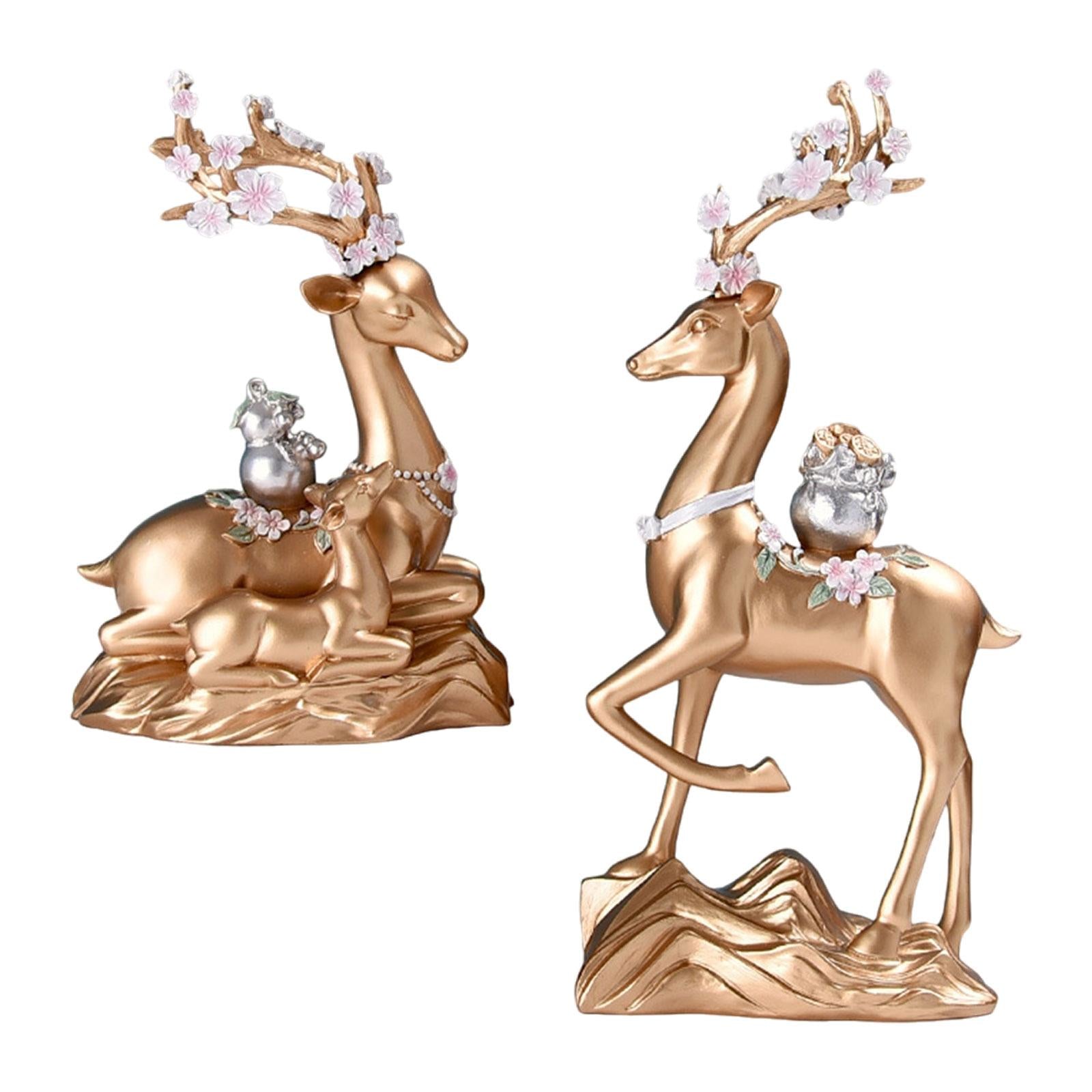 2x Elk Statues Figurines Family Decoration Artworks Fireplace Animal Figures Golden