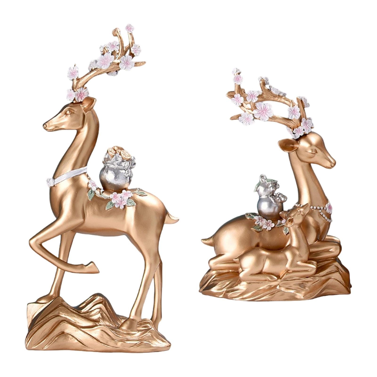 2x Elk Statues Figurines Family Decoration Artworks Fireplace Animal Figures Golden