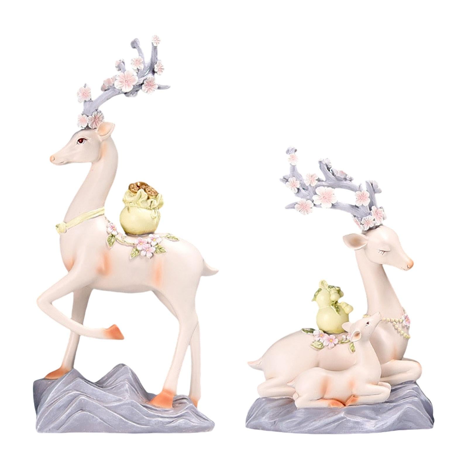 2x Elk Statues Figurines Family Decoration Artworks Fireplace Animal Figures Pink