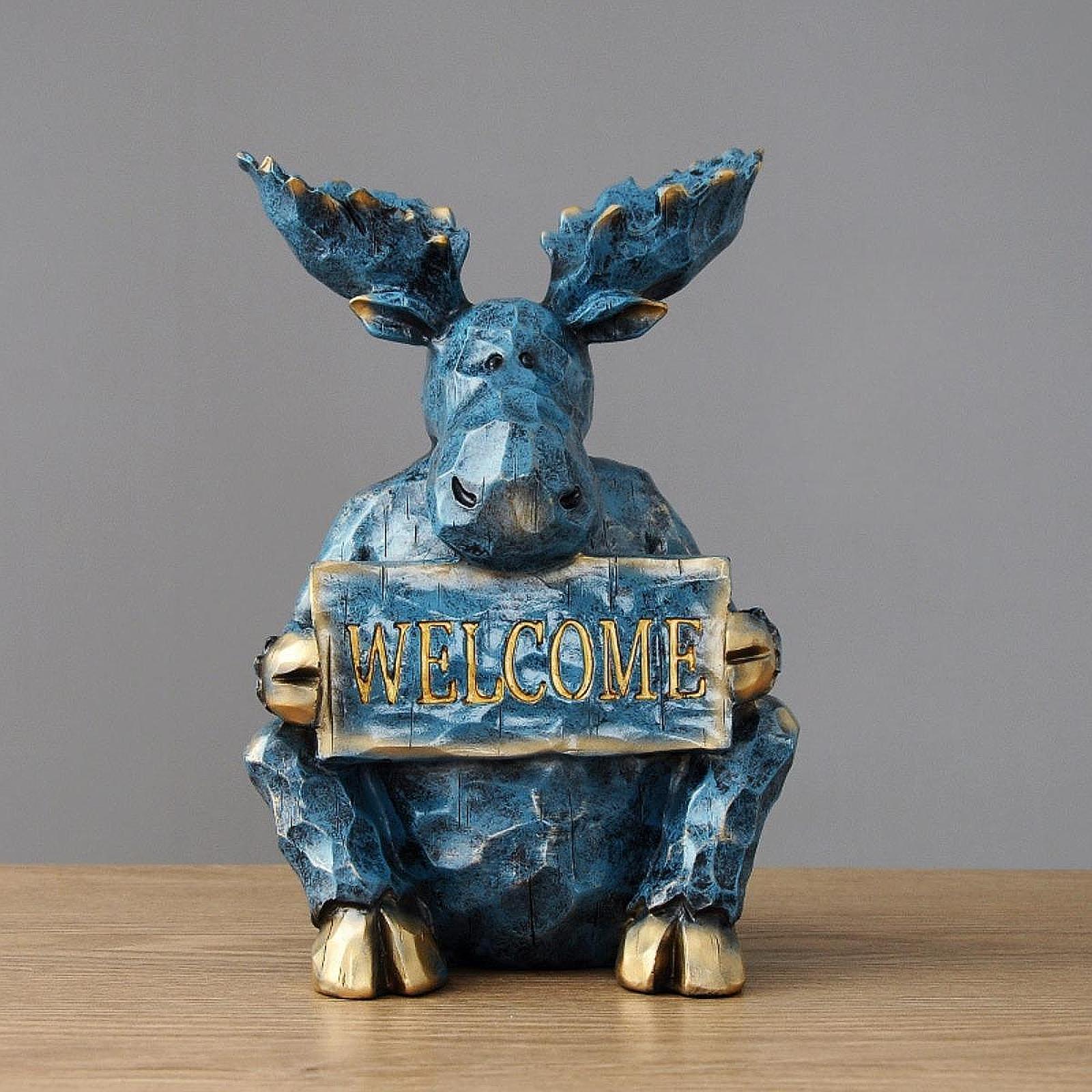 Reindeer Sculpture Ornament Office Souvenirs Gifts Desktop Desk Resin Statue Blue Sitting