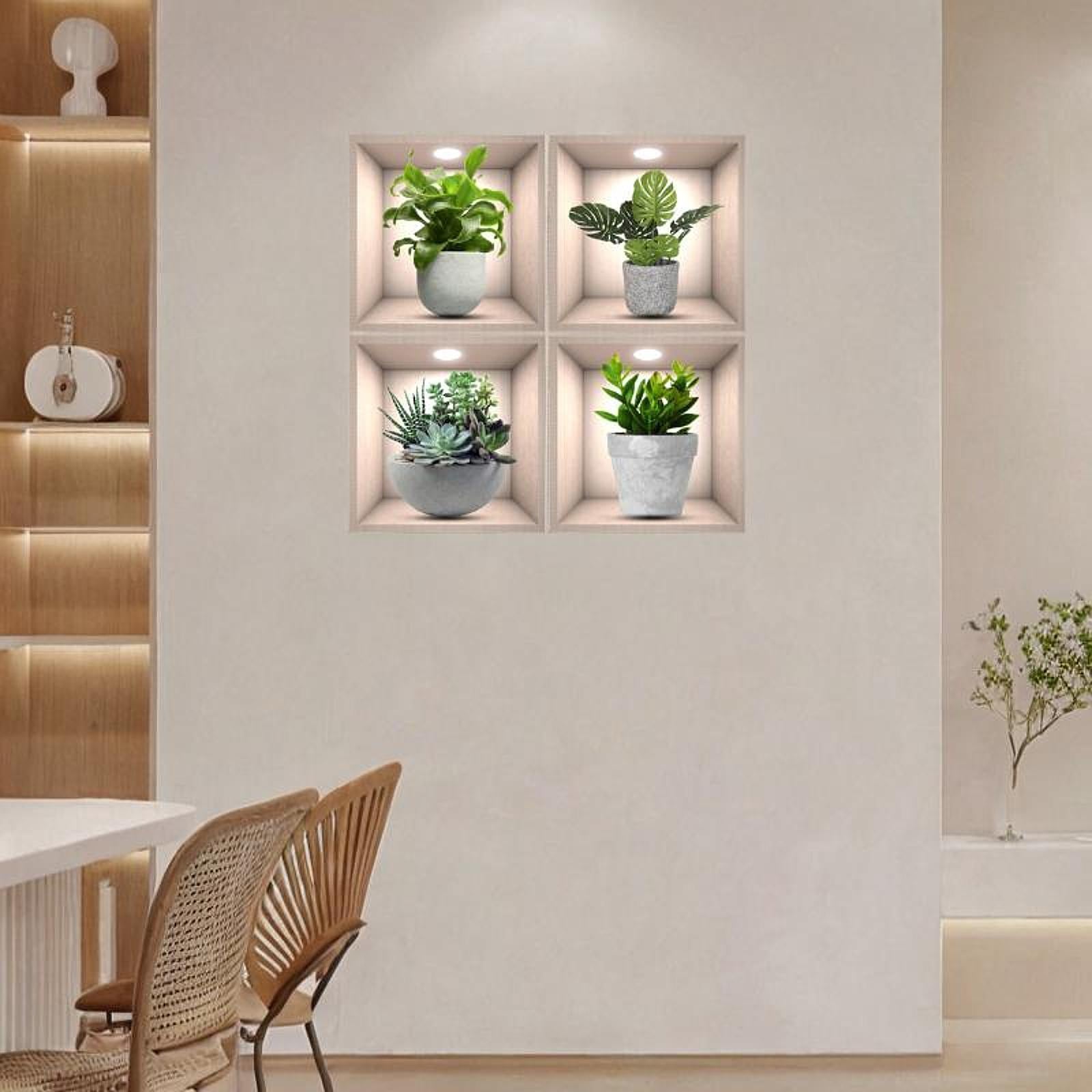 4Pcs Green Plants Wall Stickers Dining Room Office Home Decor Peel and Stick With Gray Pot
