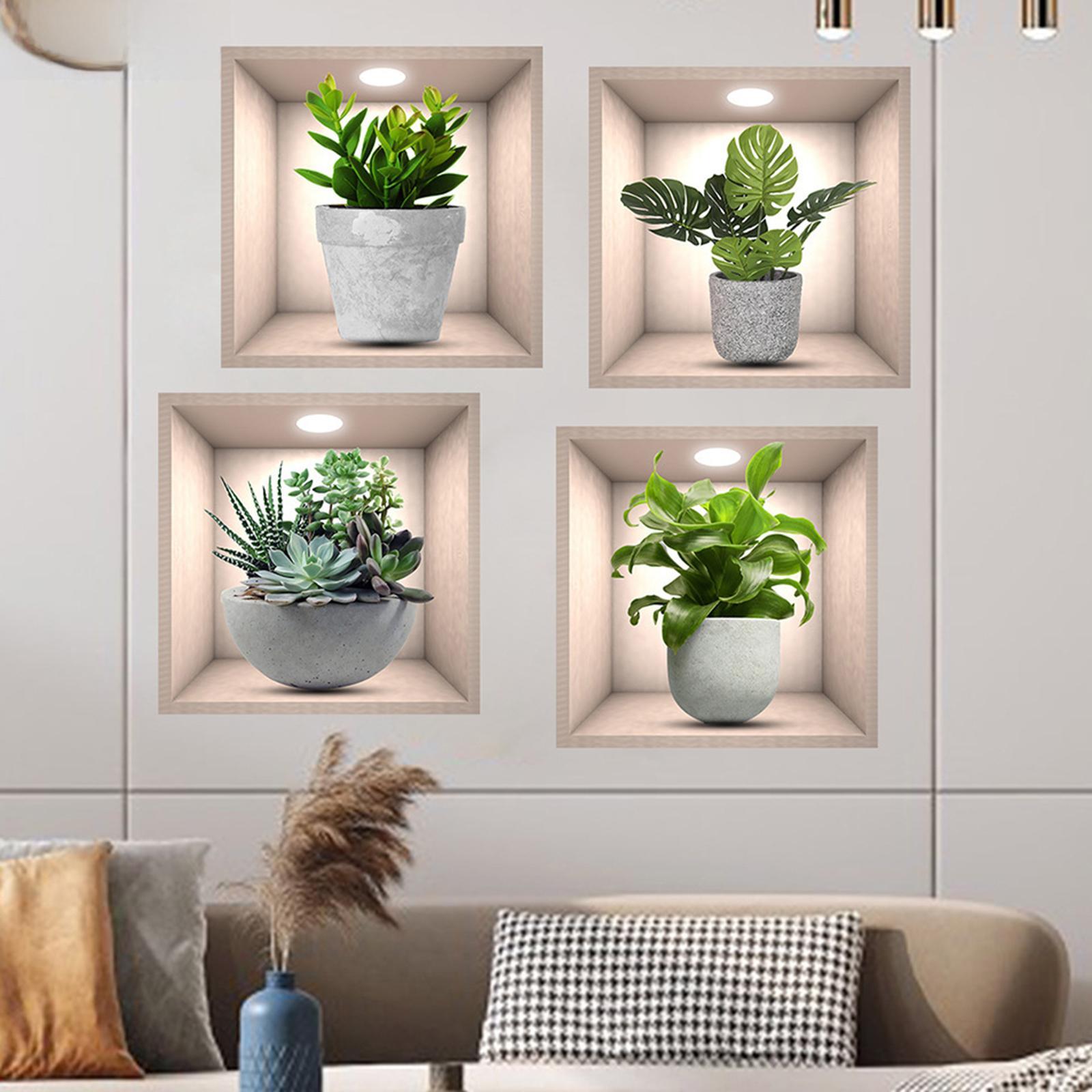 4Pcs Green Plants Wall Stickers Dining Room Office Home Decor Peel and Stick With Gray Pot