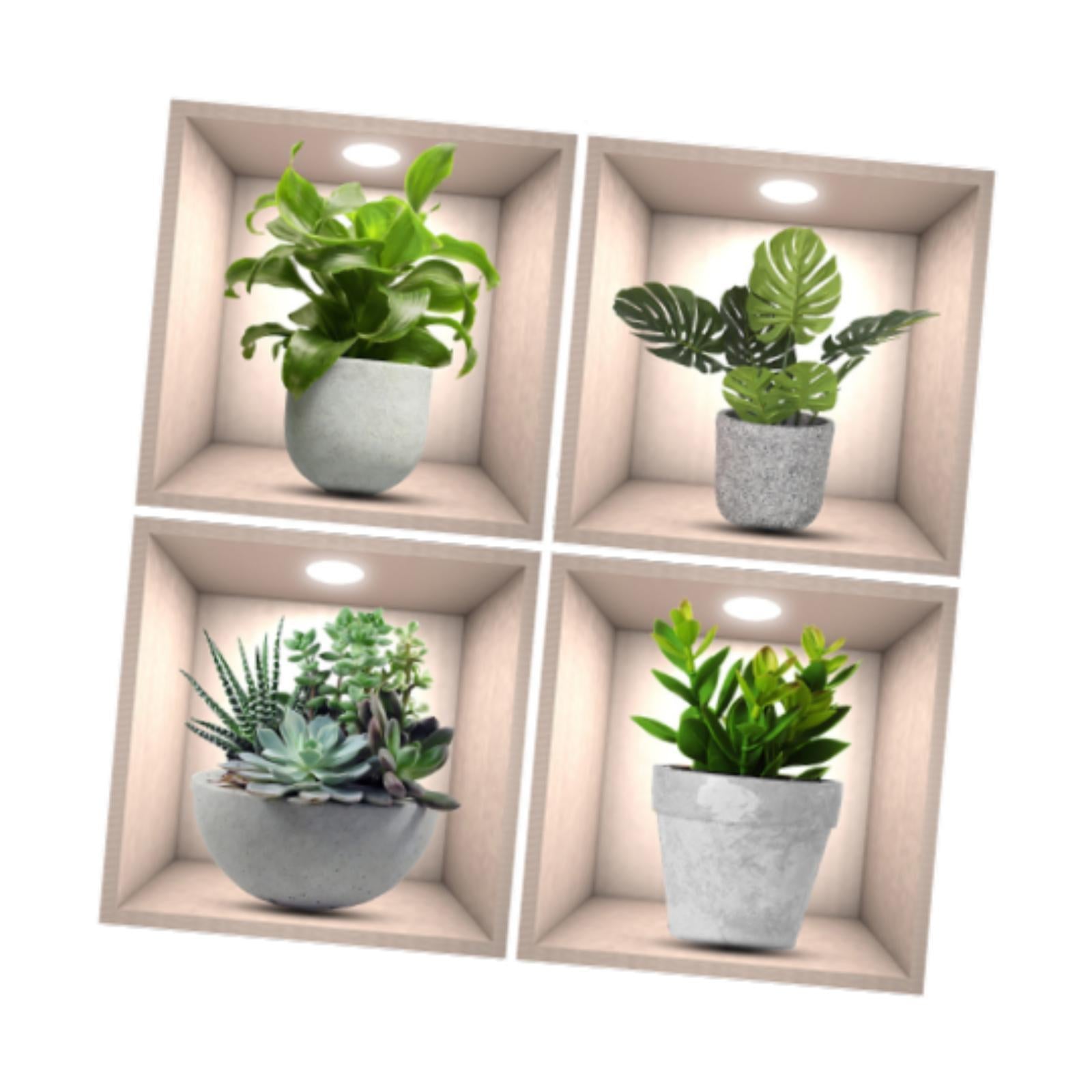 4Pcs Green Plants Wall Stickers Dining Room Office Home Decor Peel and Stick With Gray Pot