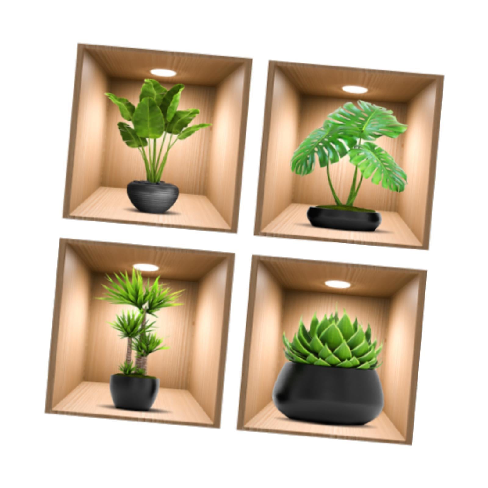 4Pcs Green Plants Wall Stickers Dining Room Office Home Decor Peel and Stick With Black Pots