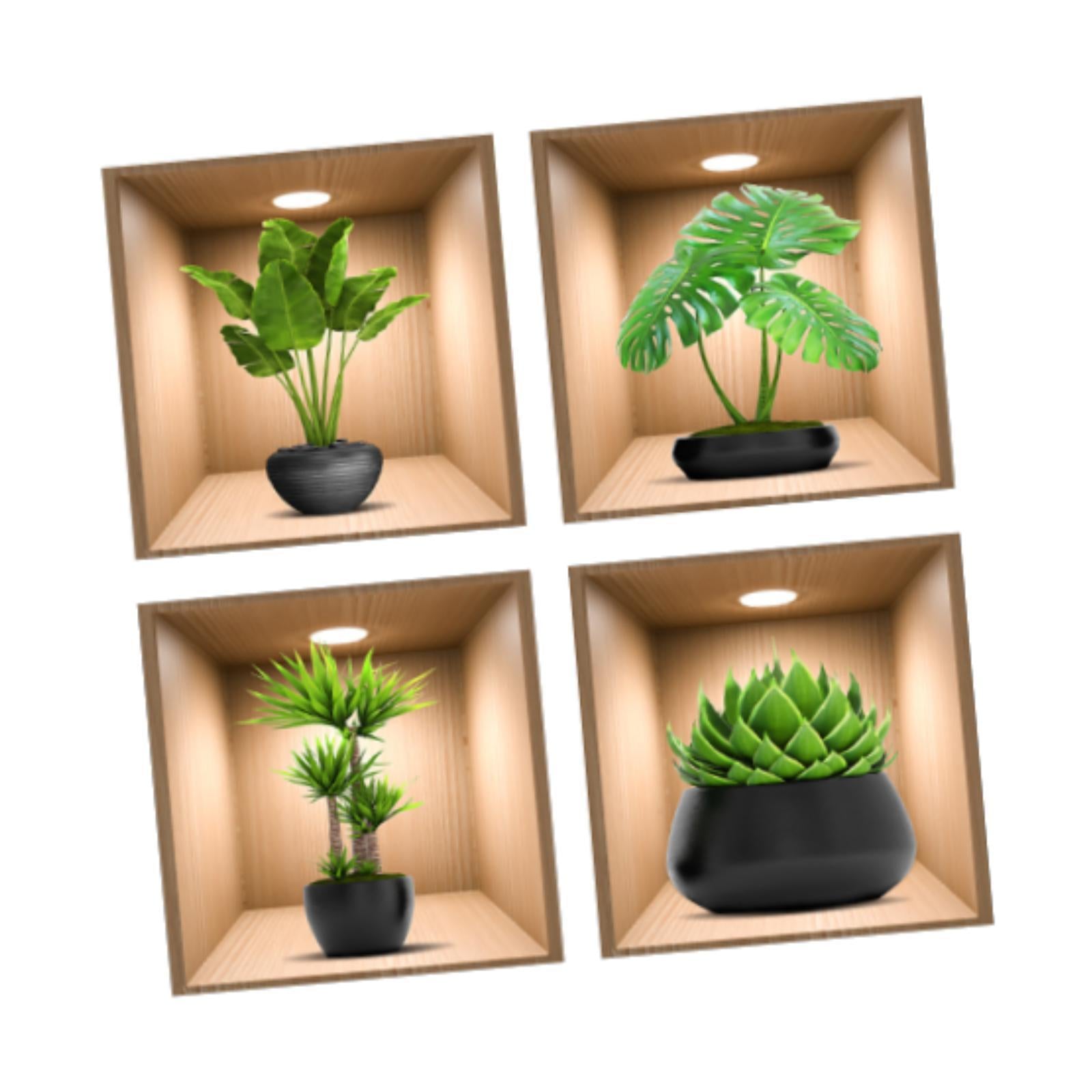 4Pcs Green Plants Wall Stickers Dining Room Office Home Decor Peel and Stick With Black Pots