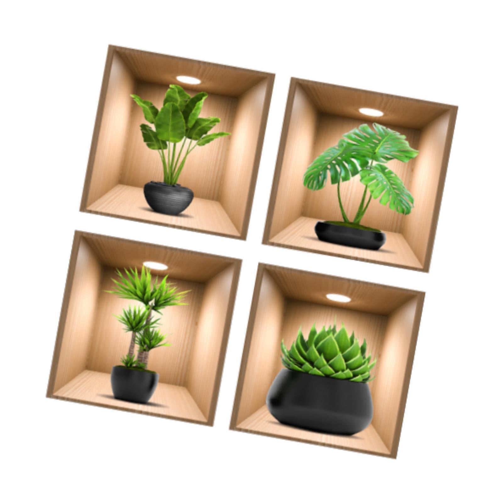 4Pcs Green Plants Wall Stickers Dining Room Office Home Decor Peel and Stick With Black Pots