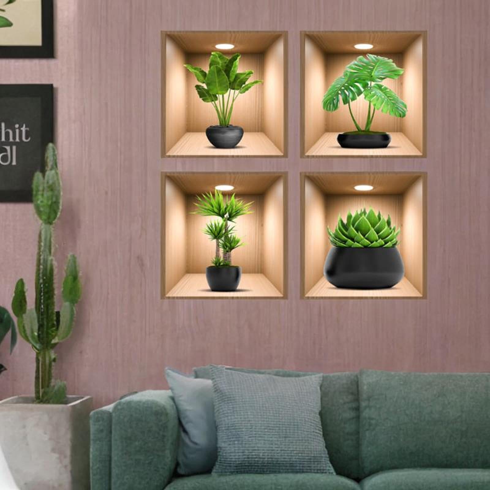 4Pcs Green Plants Wall Stickers Dining Room Office Home Decor Peel and Stick With Black Pots