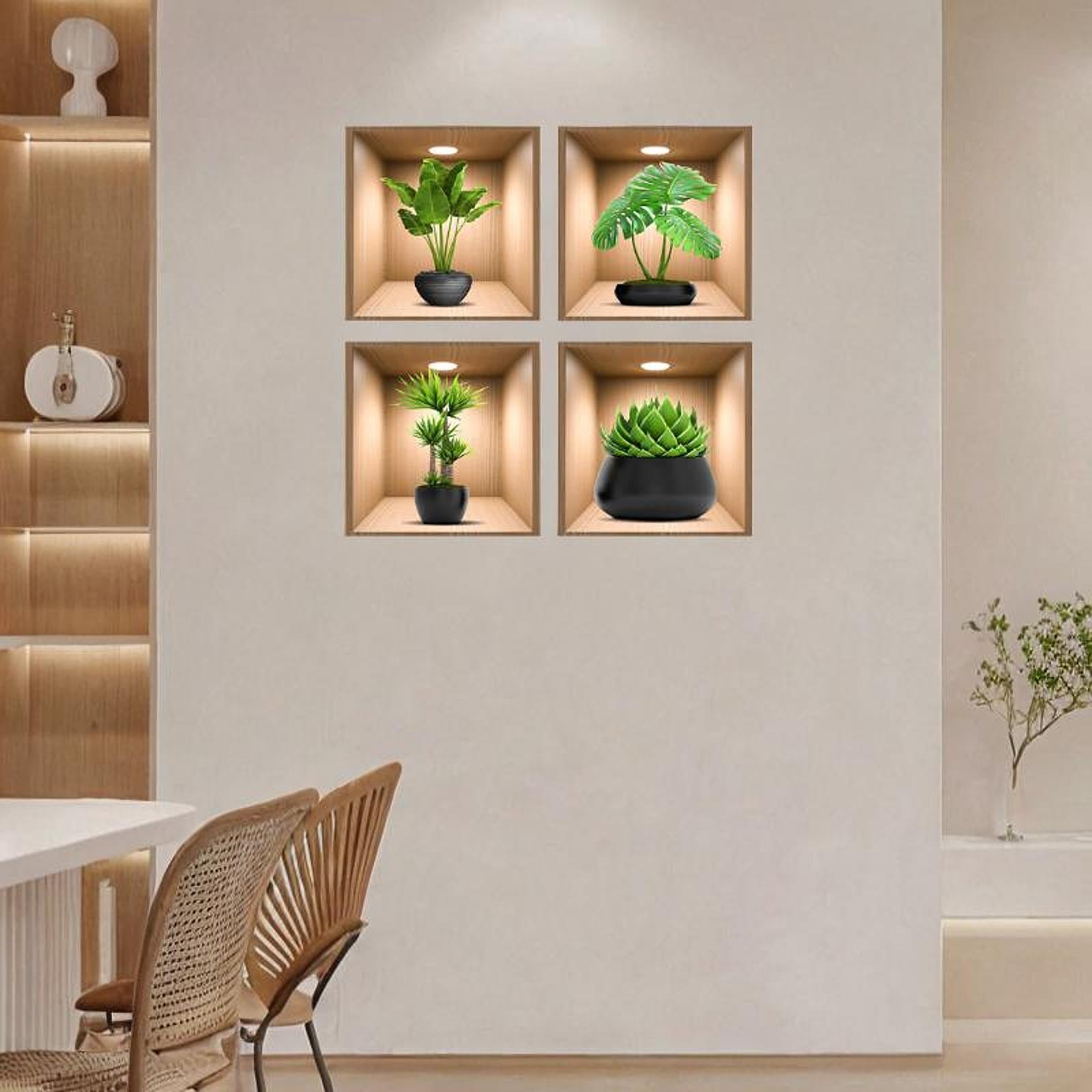 4Pcs Green Plants Wall Stickers Dining Room Office Home Decor Peel and Stick With Black Pots