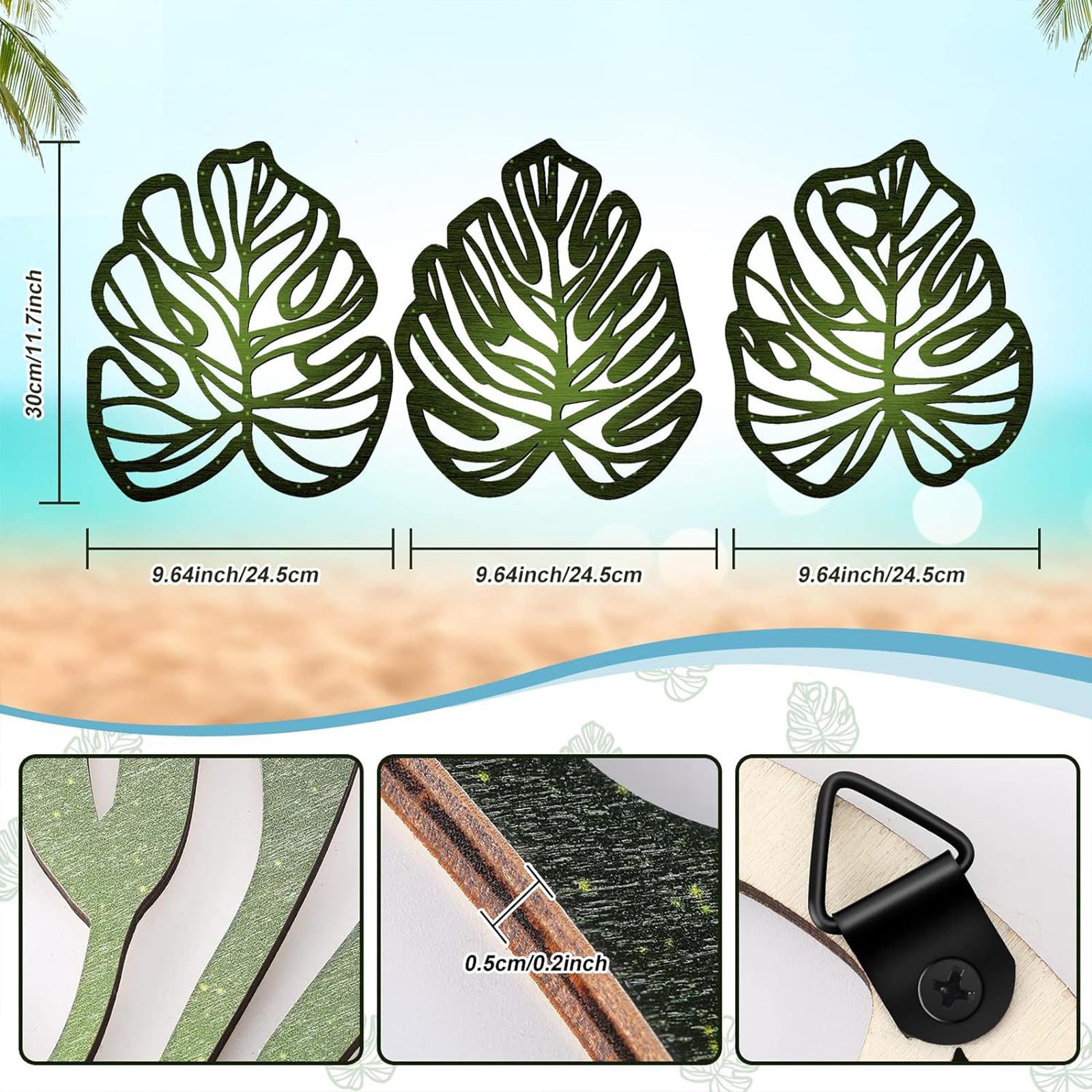 3 Pieces Palm Leaves Wood Wall Decor Artwork for Hallway Balcony Living Room Green
