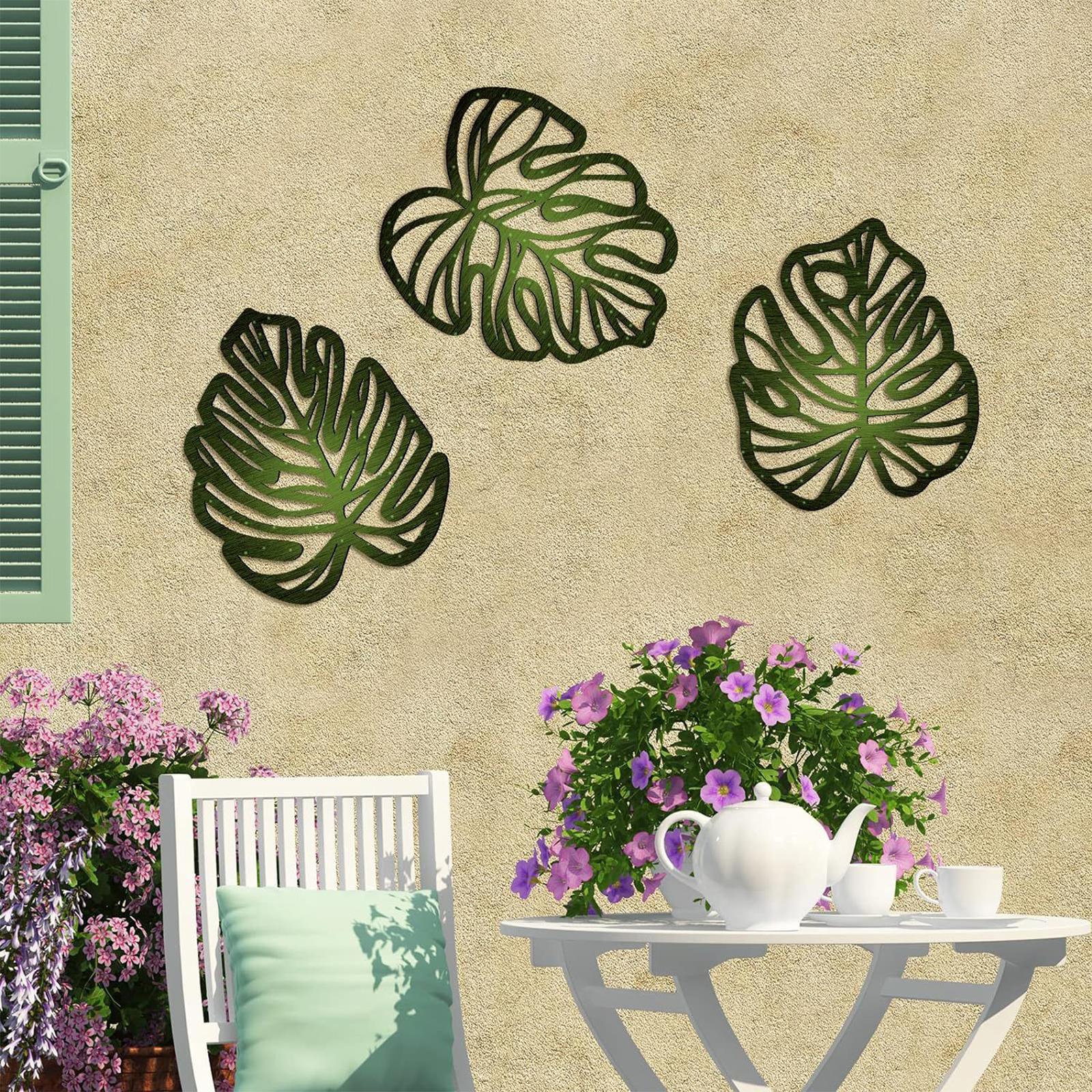 3 Pieces Palm Leaves Wood Wall Decor Artwork for Hallway Balcony Living Room Green