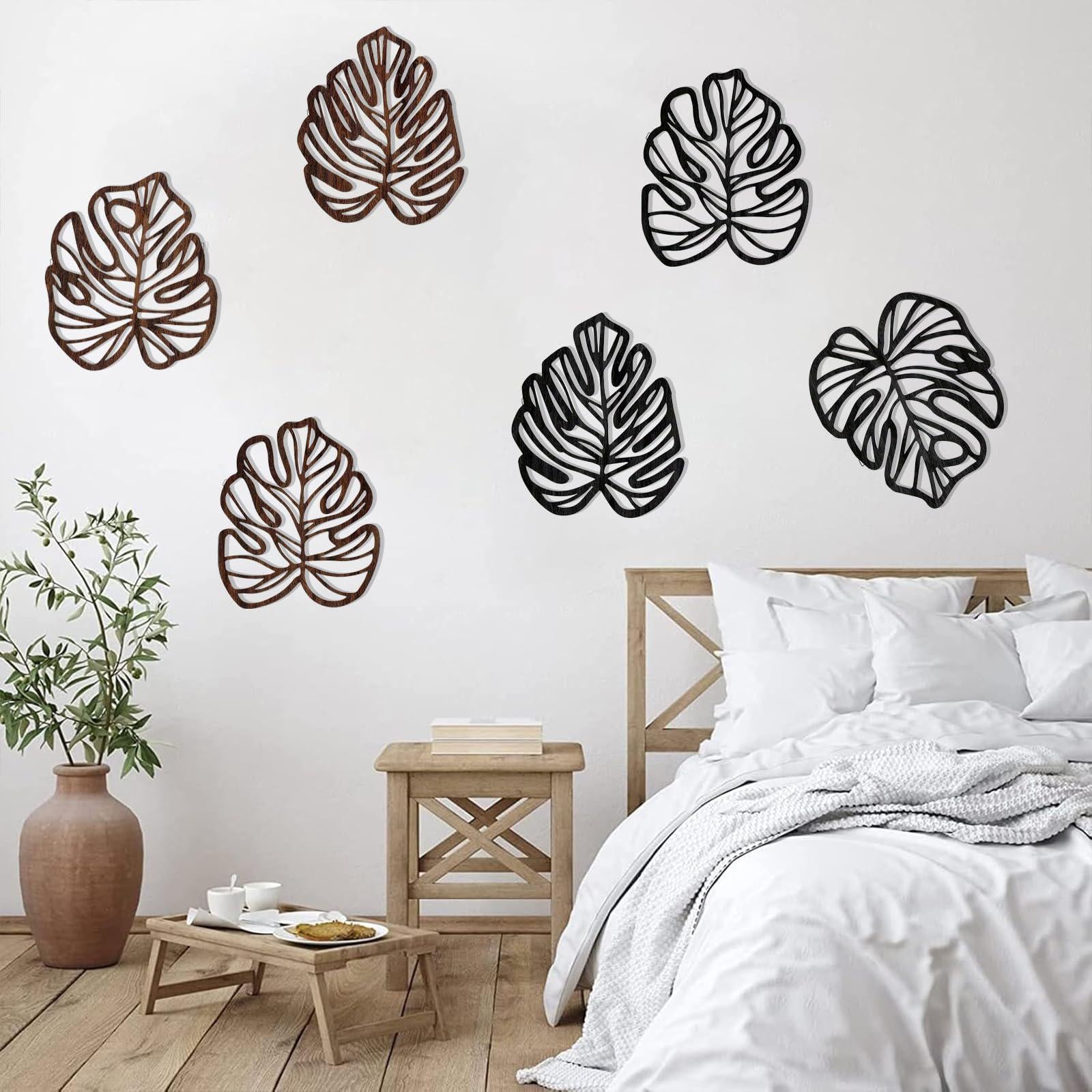 3 Pieces Palm Leaves Wood Wall Decor Artwork for Hallway Balcony Living Room Brown