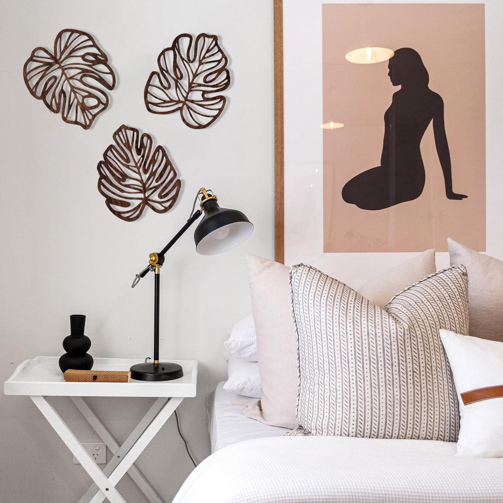 3 Pieces Palm Leaves Wood Wall Decor Artwork for Hallway Balcony Living Room Brown