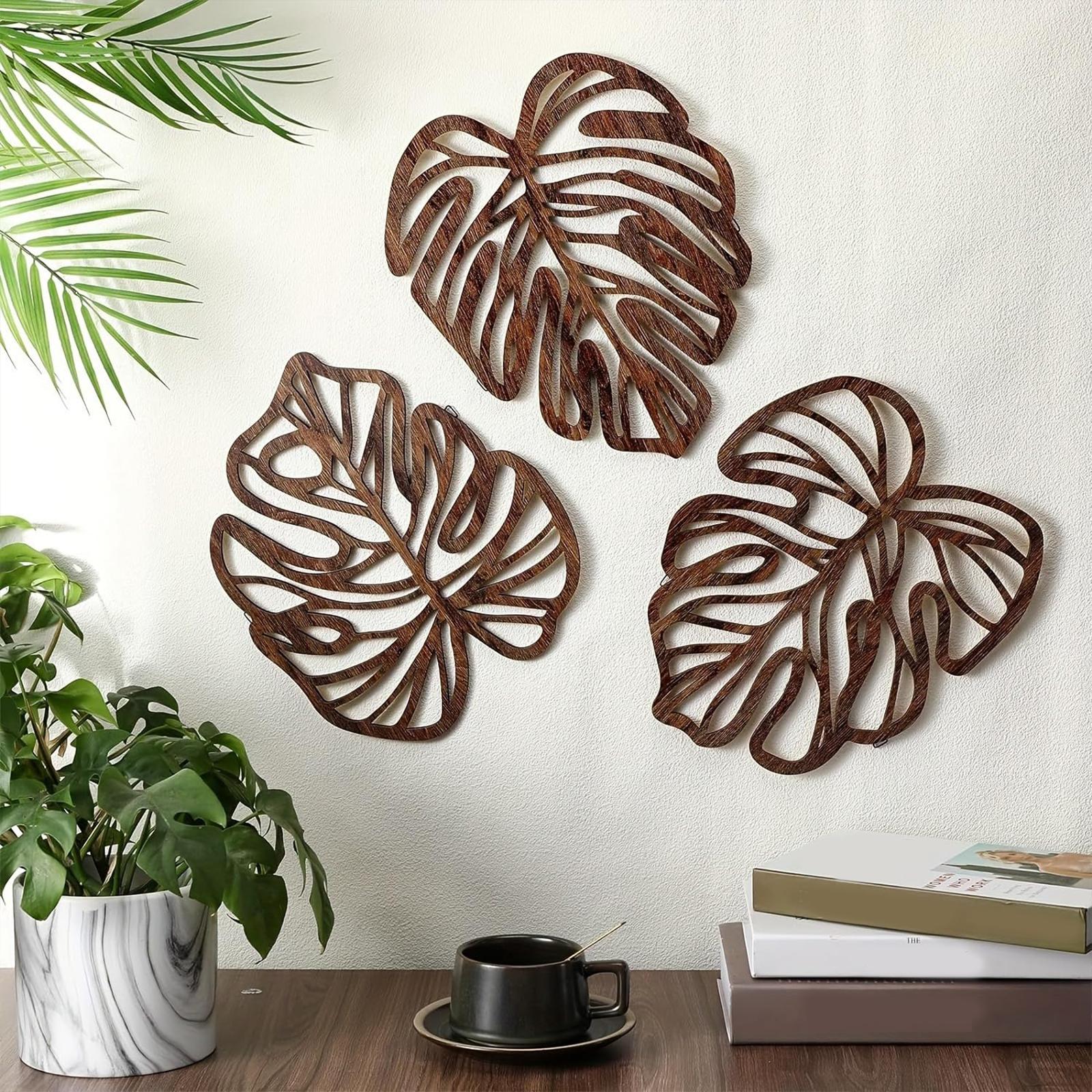 3 Pieces Palm Leaves Wood Wall Decor Artwork for Hallway Balcony Living Room Brown