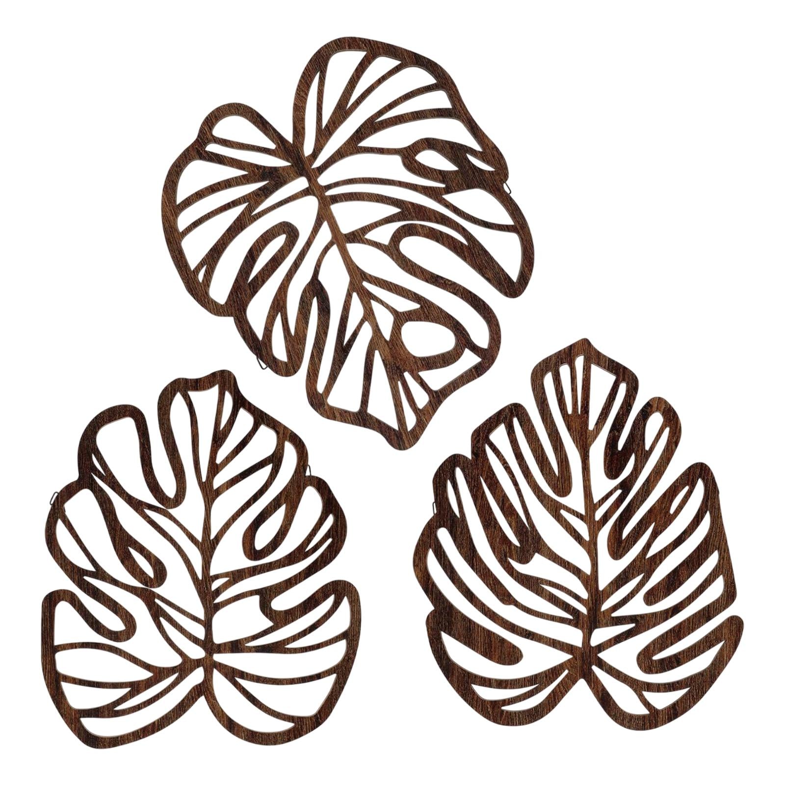 3 Pieces Palm Leaves Wood Wall Decor Artwork for Hallway Balcony Living Room Brown