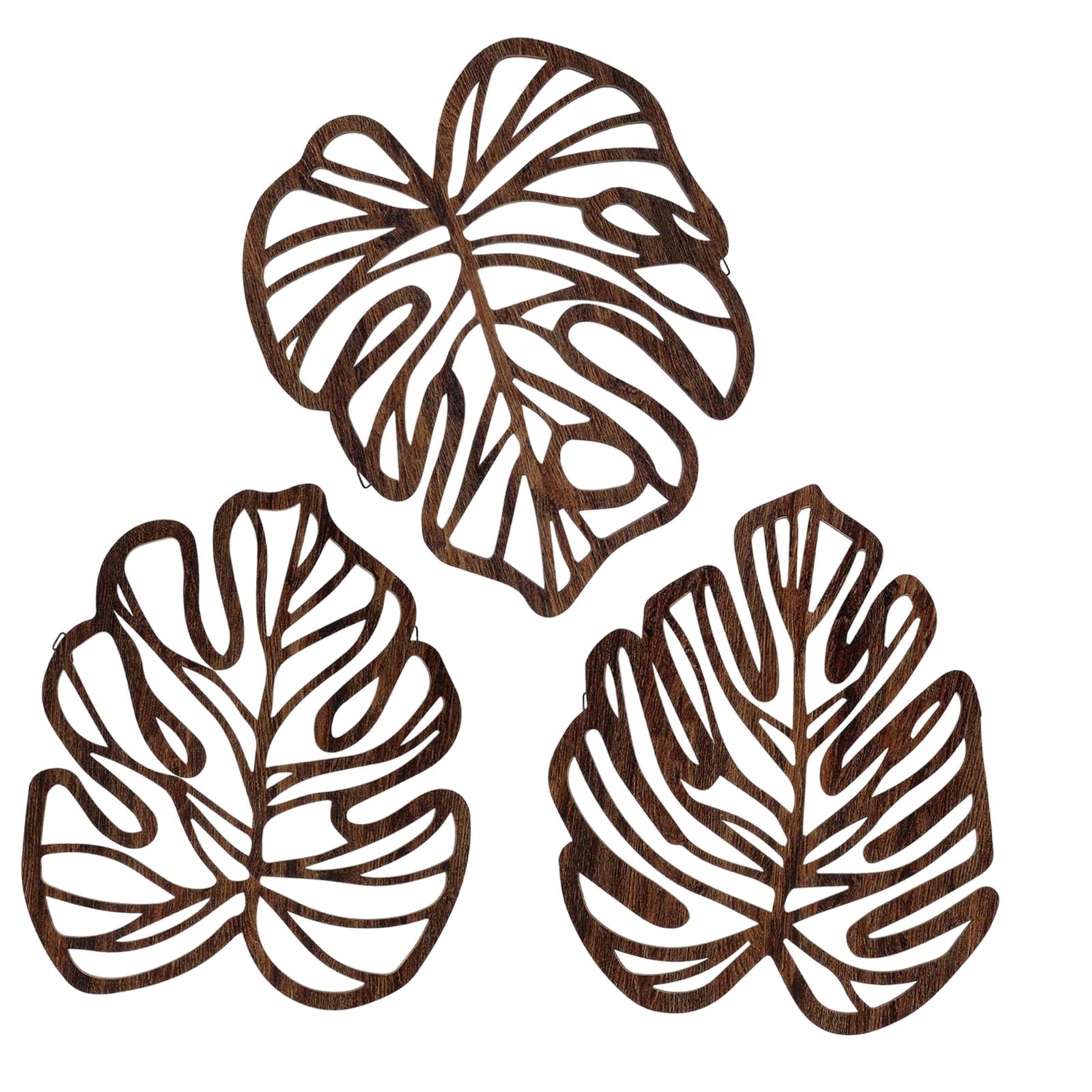 3 Pieces Palm Leaves Wood Wall Decor Artwork for Hallway Balcony Living Room Brown