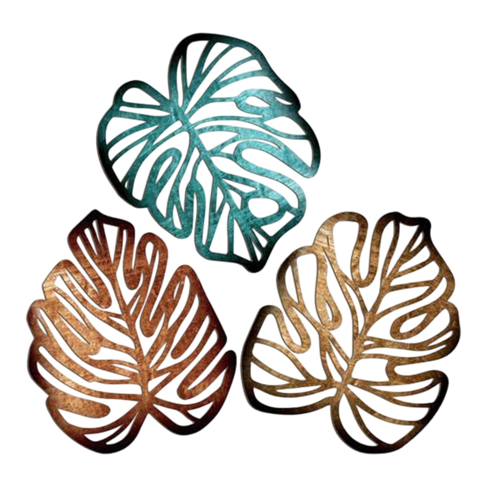 3 Pieces Palm Leaves Wood Wall Decor Artwork for Hallway Balcony Living Room Blue and Brown