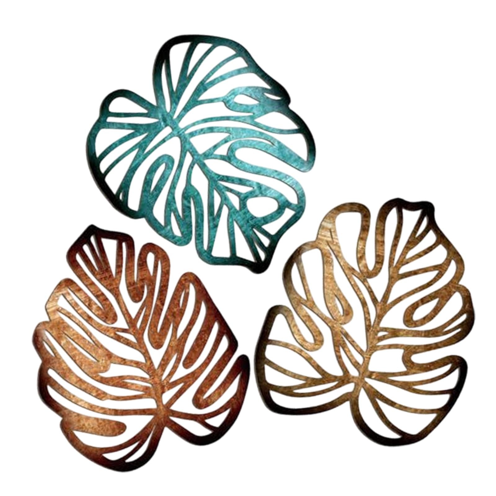 3 Pieces Palm Leaves Wood Wall Decor Artwork for Hallway Balcony Living Room Blue and Brown